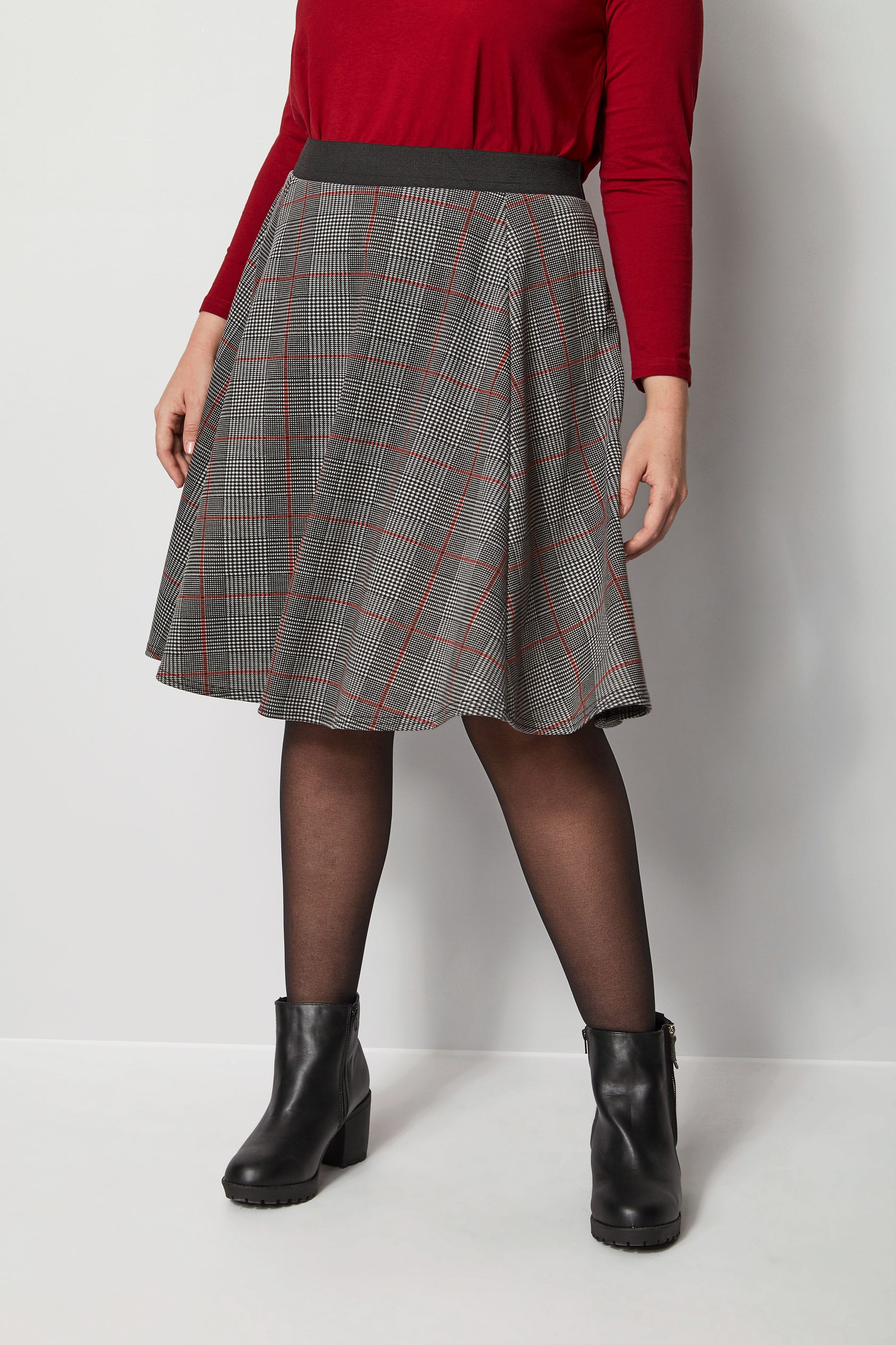 Black & Red Check Skater Skirt, Plus size 6 to 40