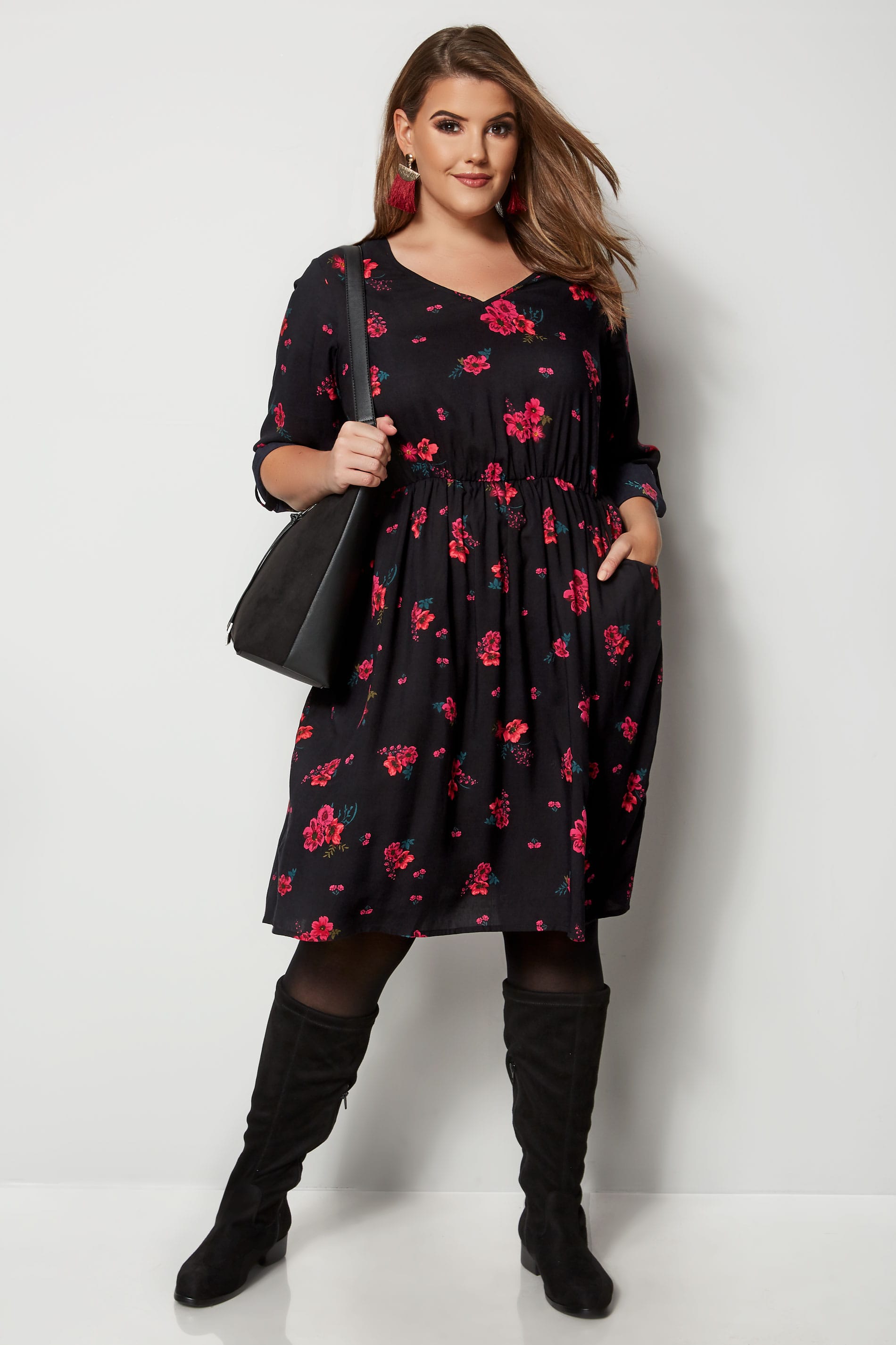 Black & Red Floral Print Dress, plus size 16 to 36