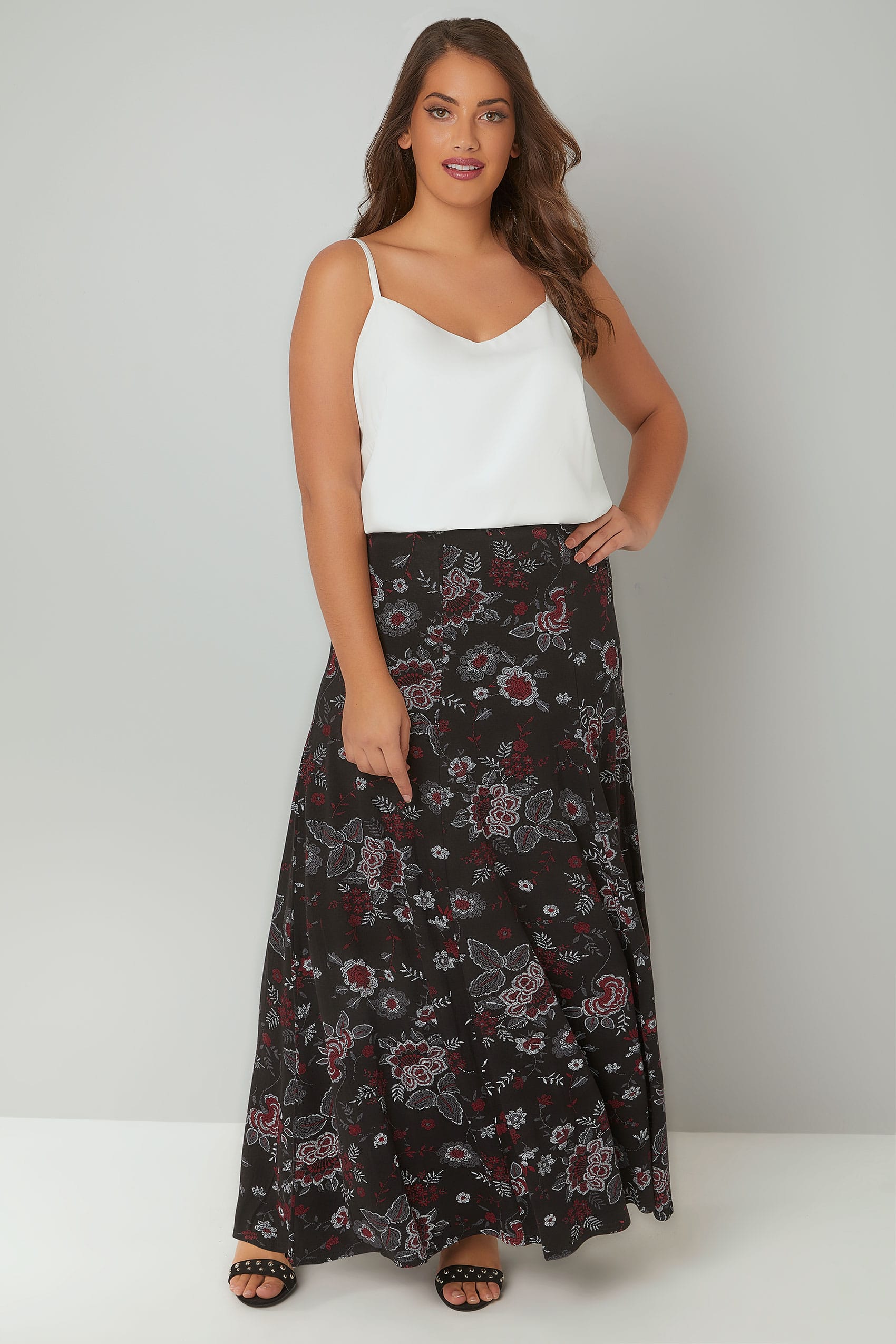 Black & Red Floral Print Maxi Skirt, Plus size 16 to 36