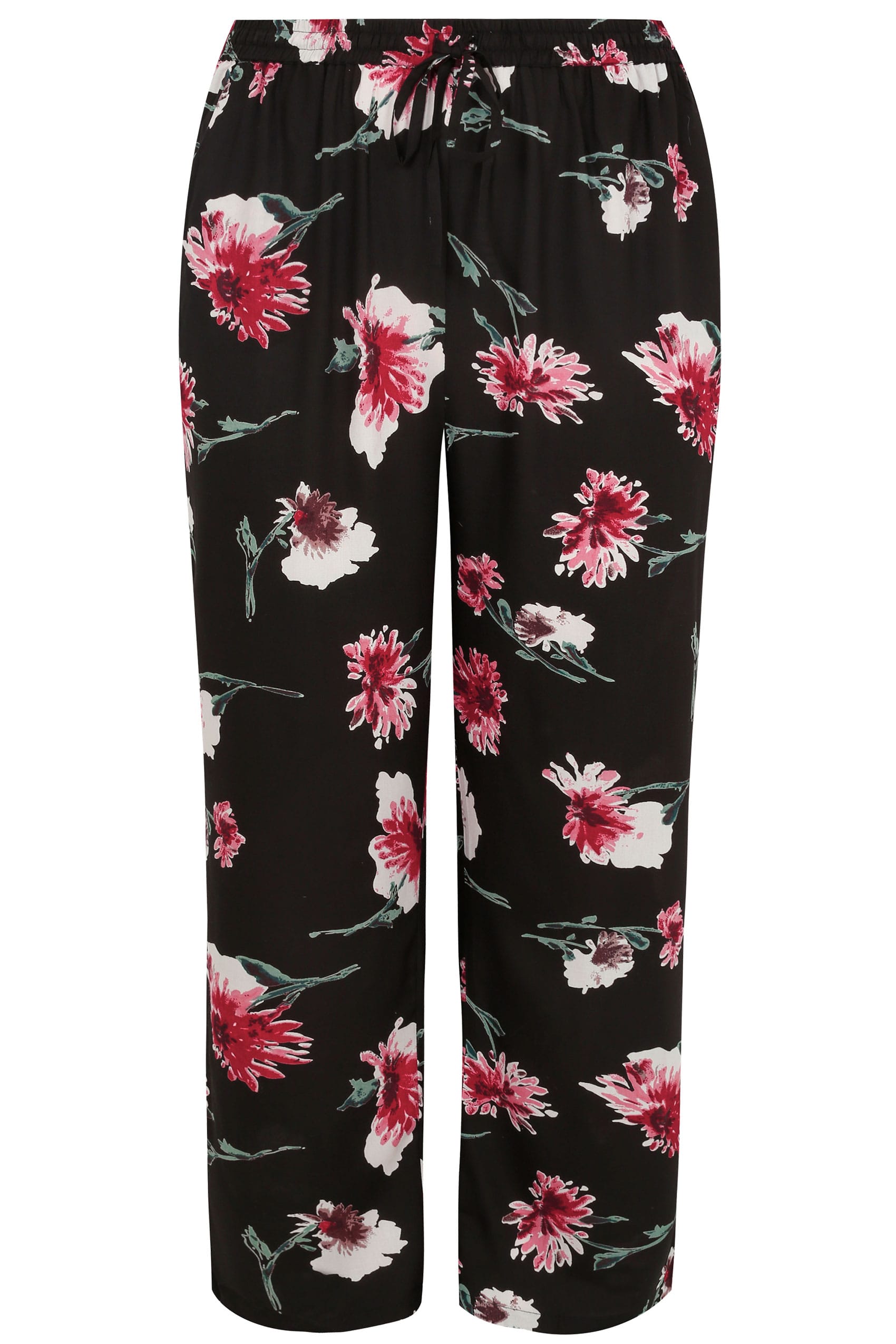 Black & Red Floral Print Straight Leg Trousers With Elasticated Waist ...