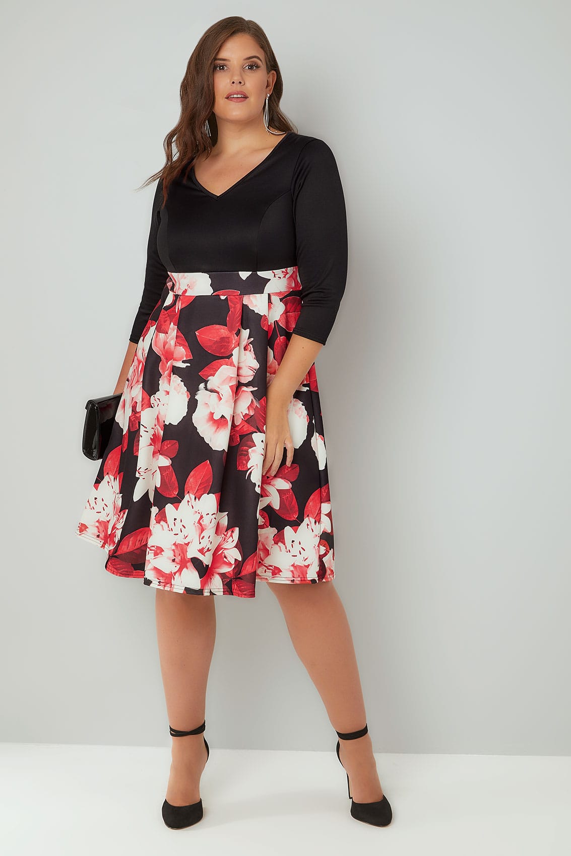 Black & Red Floral V-Neck 2 In 1 Midi Dress With Cut Out Back Detail ...