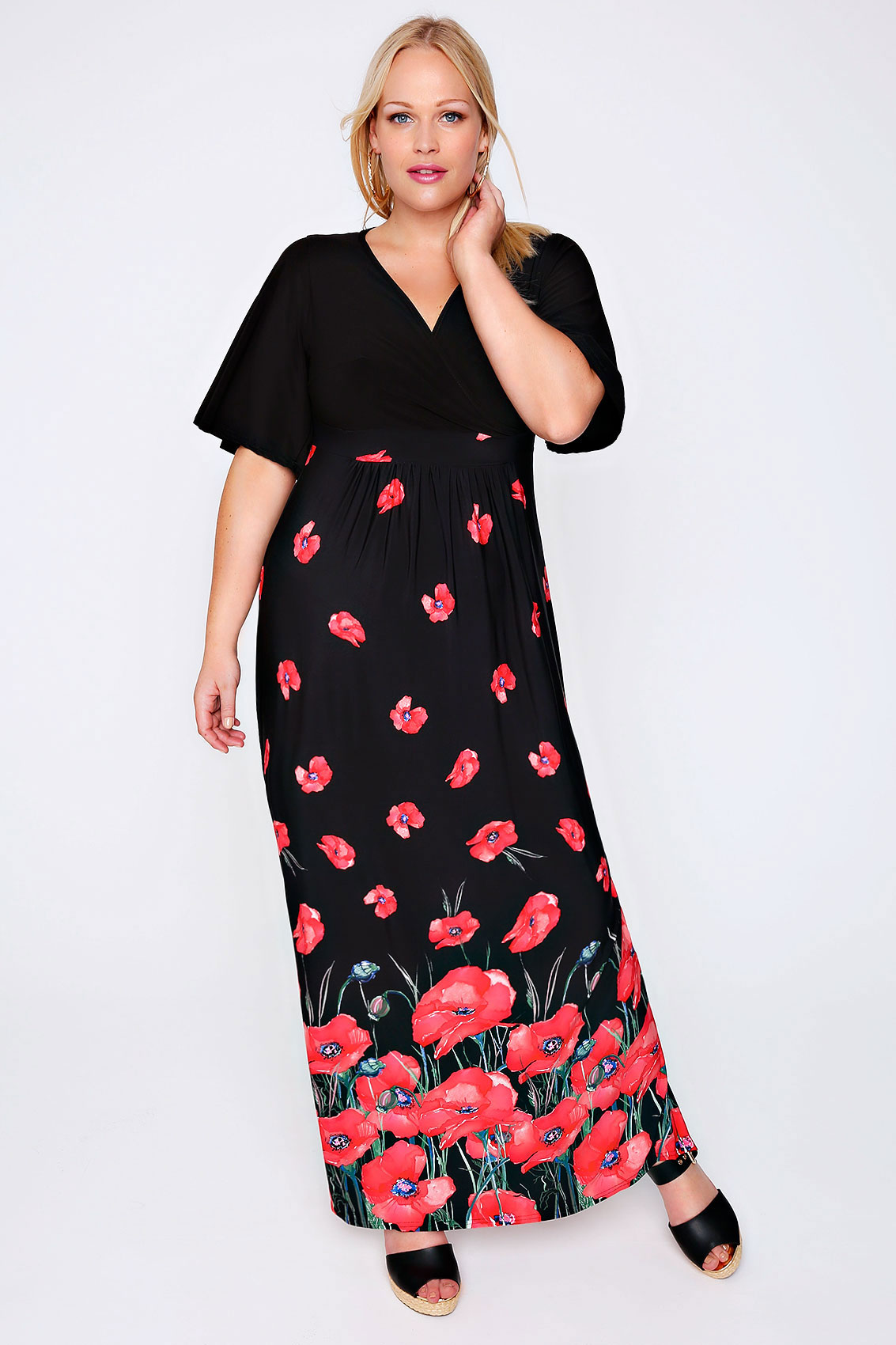 Black & Red Poppy Print Wrap Front Maxi Dress Plus Size 16 to 36