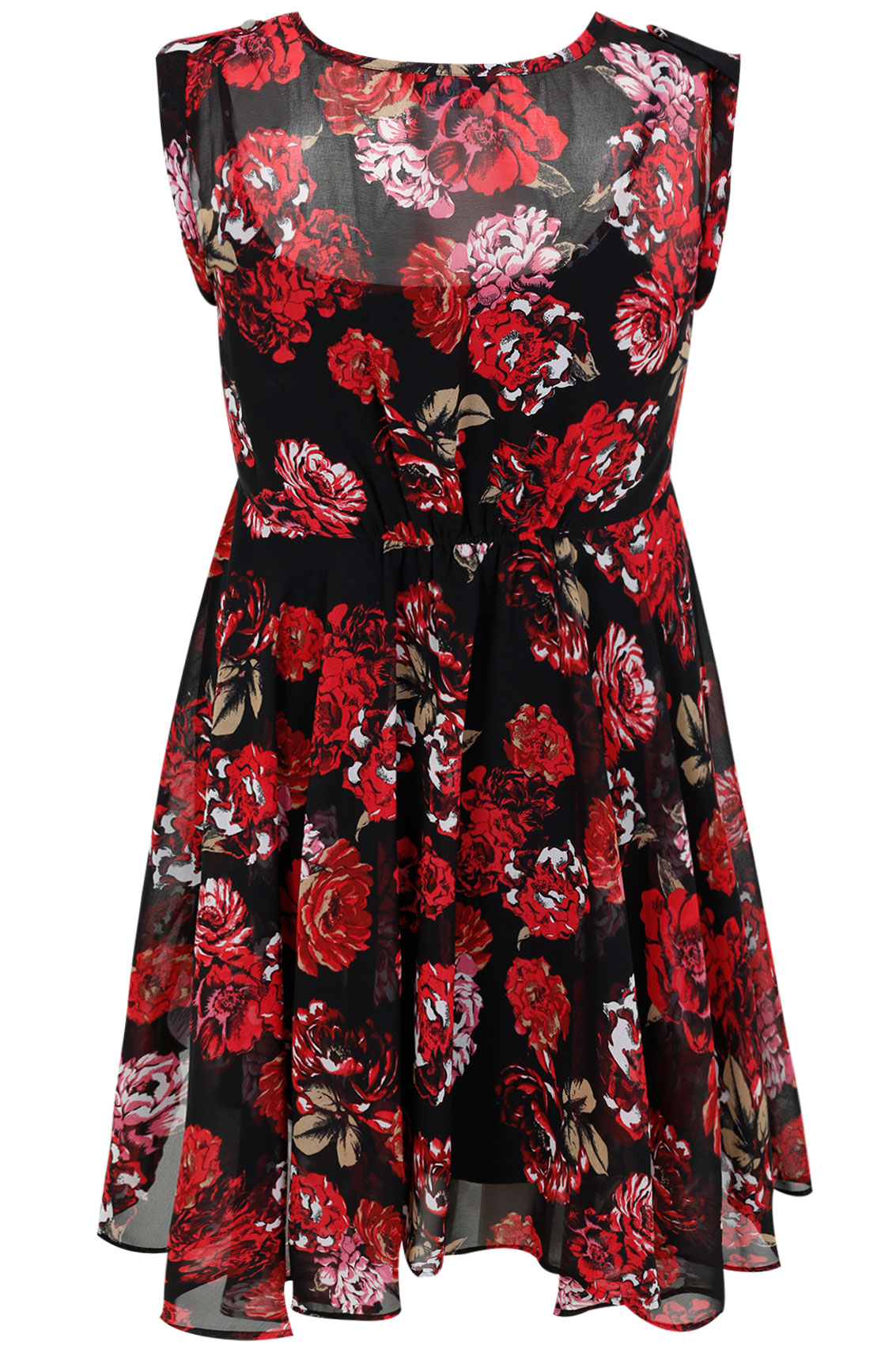 Black & Red Rose Print Chiffon Skater Dress With Hanky Hem Plus Size 14 ...