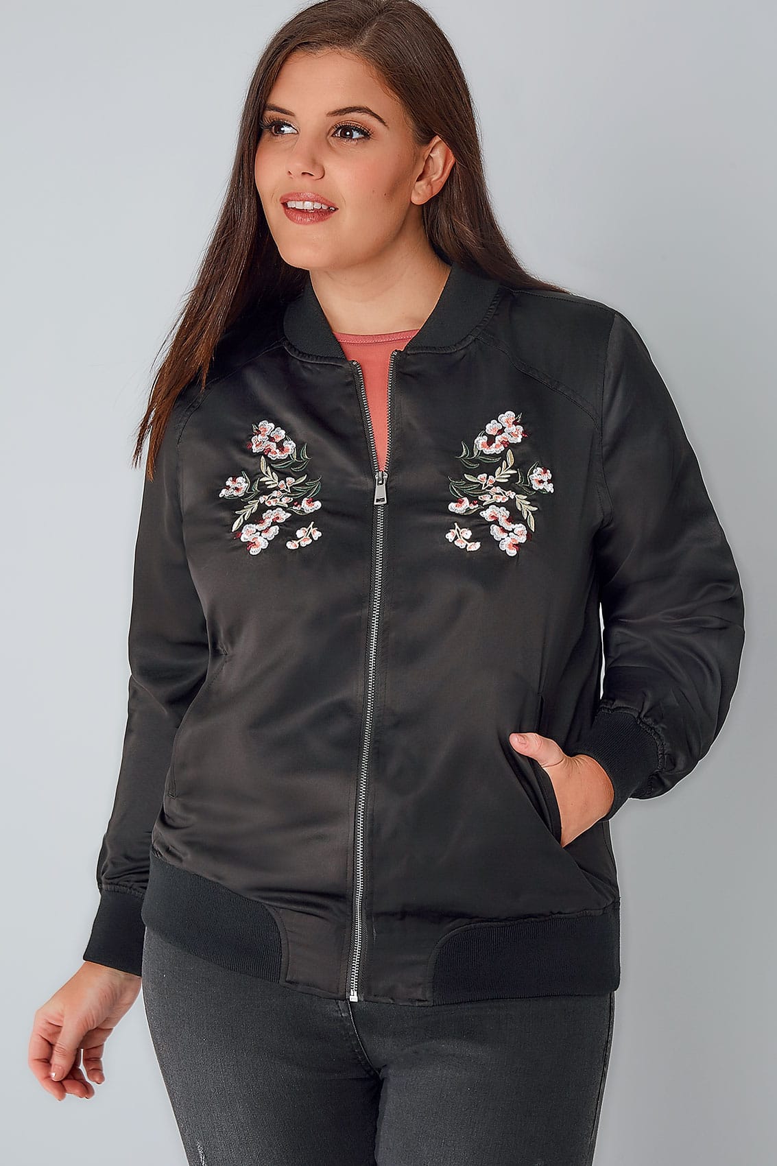 Black Satin Bomber Jacket With Mirror Floral Embroidery, Plus size 16 to 36