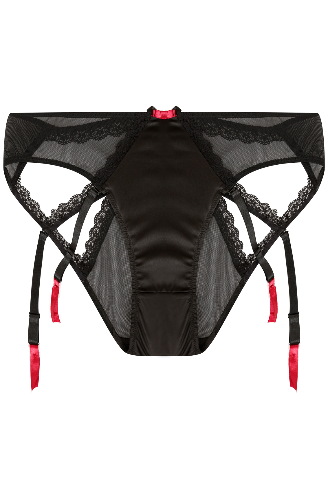 Black Satin & Mesh Suspender Brief With Caged Back Lace Detail, Plus ...