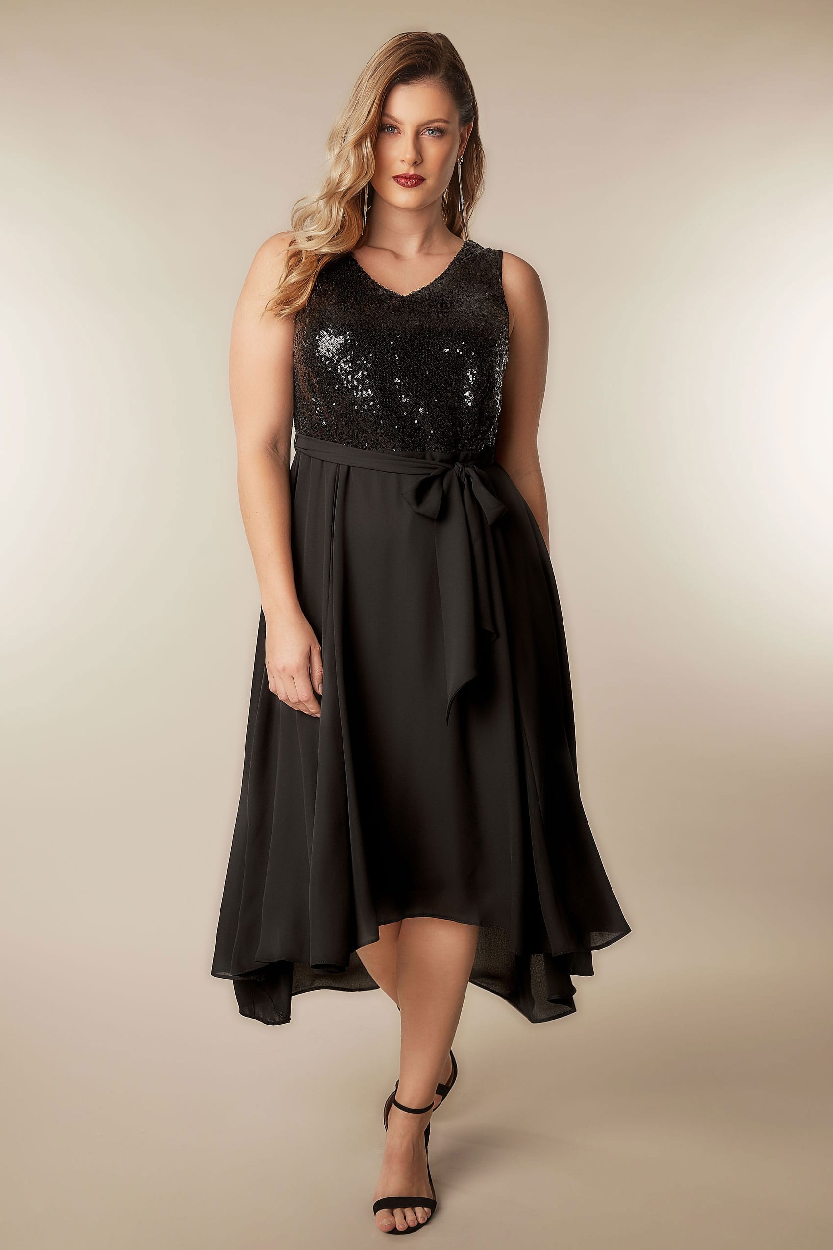 Black Sequin Embellished Dress With Self Tie Waist 