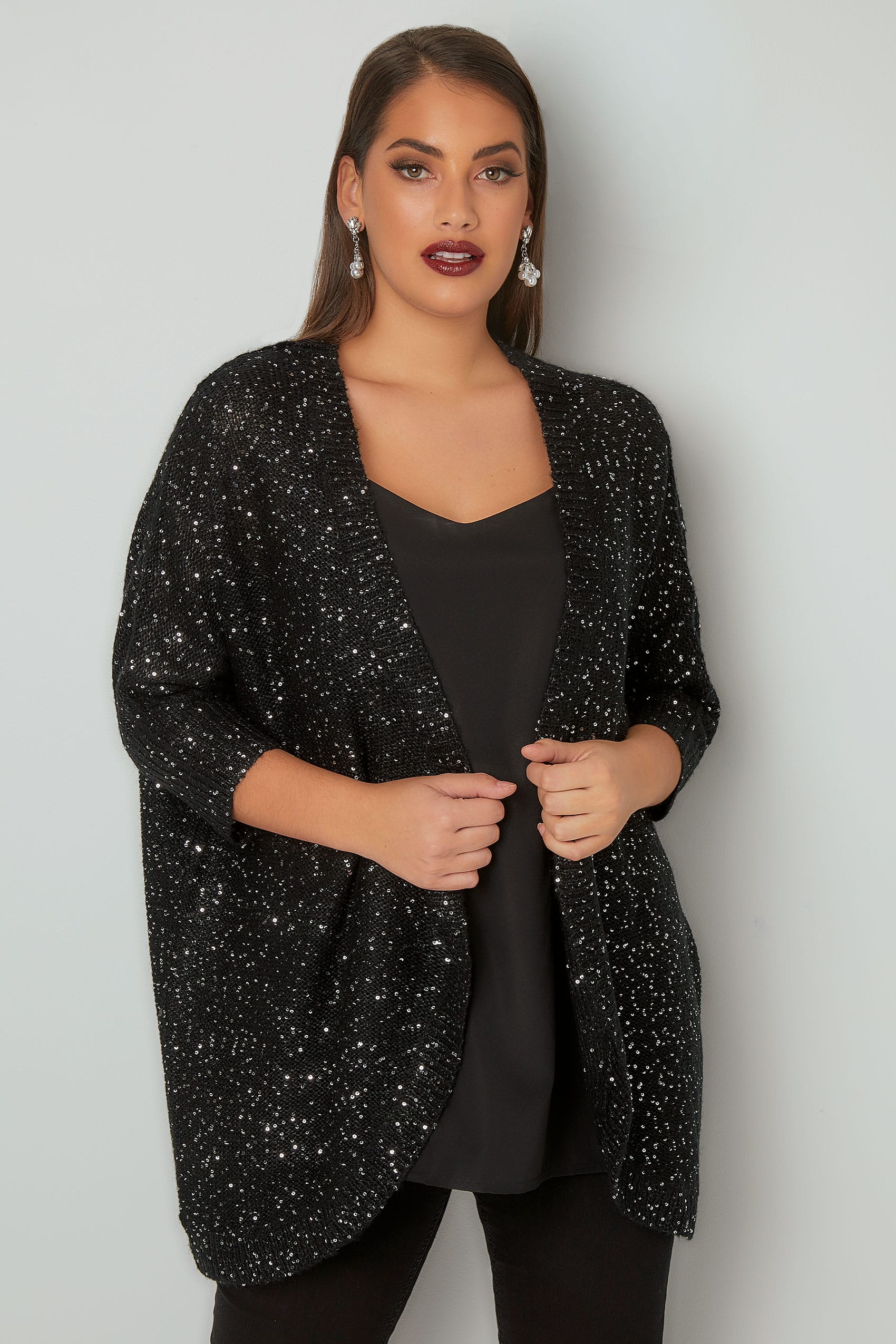 Schwarz Pailletten Verziert Strickjacke In Gro En Gr En 44 64   Black Sequin Embellished Knitted Batwing Cardigan 124134 4043 