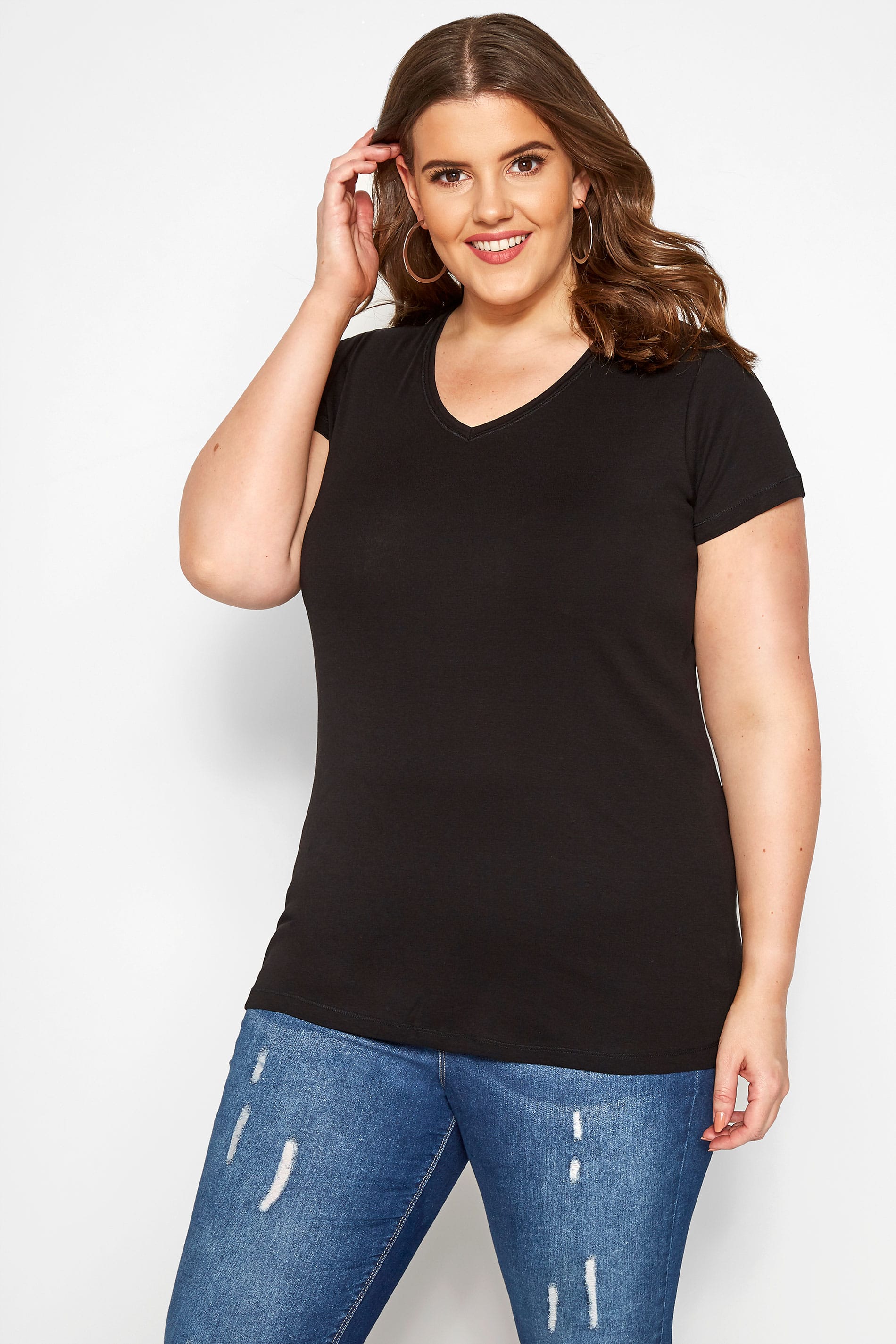 Black Short Sleeved V-Neck Basic T-Shirt Plus Size 16 to 36