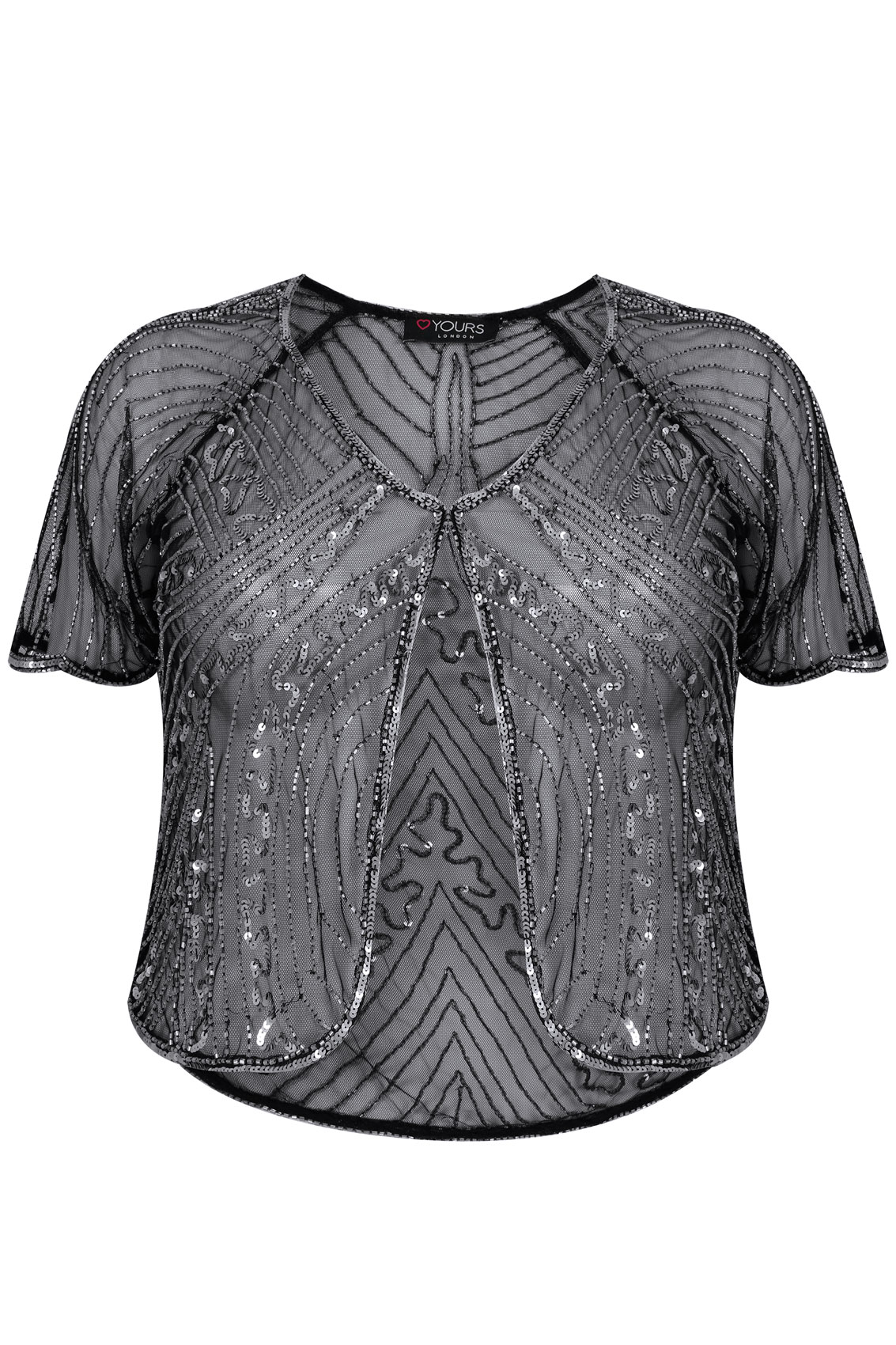 Black & Silver Embellished Sequin Shrug With Curved Hem, Plus Size 16 to 32