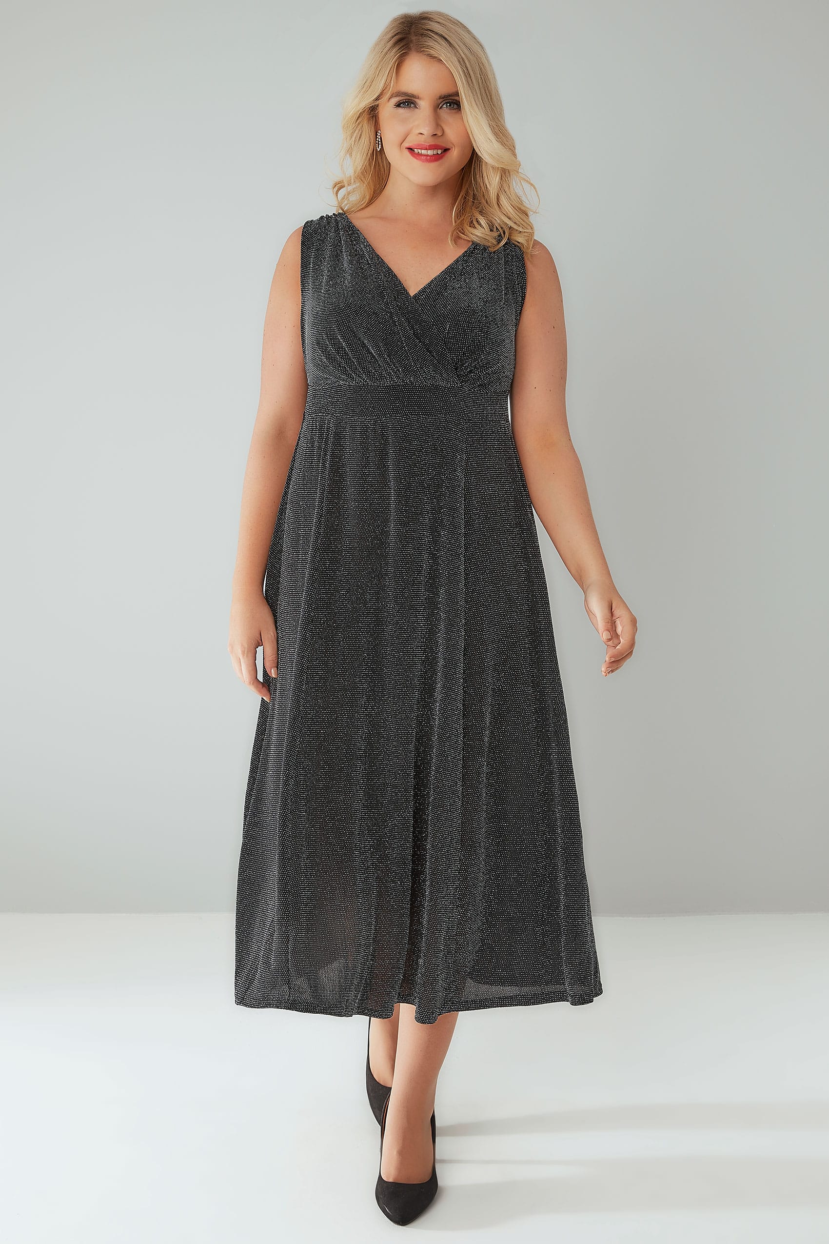 Black & Silver Sparkle Wrap Front Sleevelss Midi Dress Plus Size 14 to 36