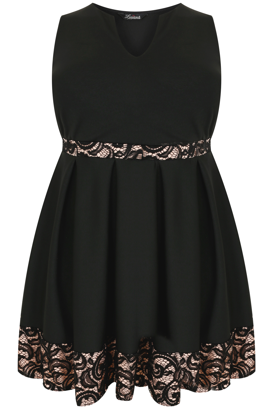 Black Skater Dress With Nude Lace Panels Notch Neck Plus Size To
