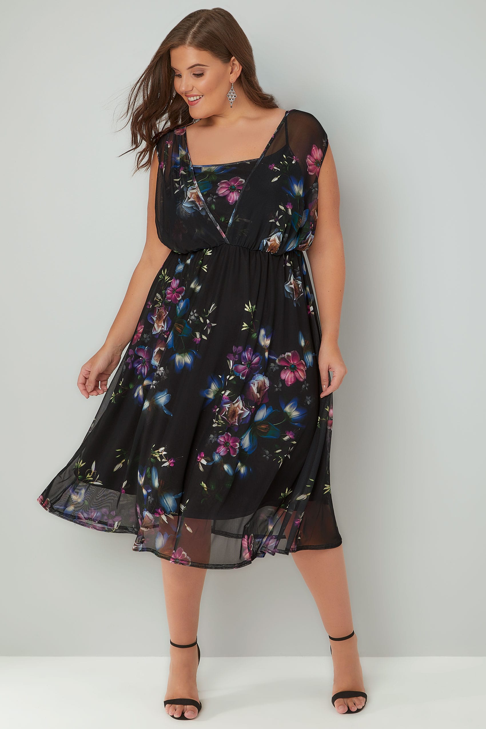 Black Sleeveless Layered Mesh Dress With Floral Print, Plus size 16 to 32