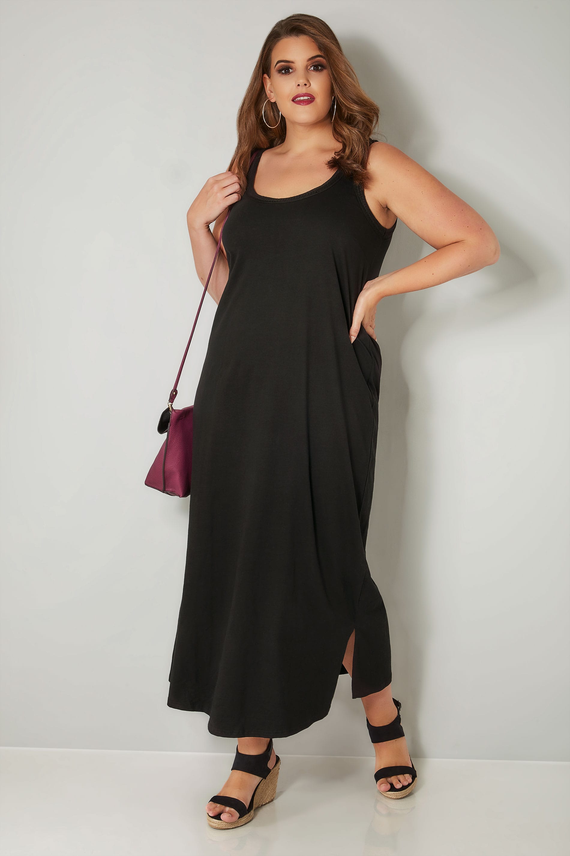 Black Sleeveless Maxi Dress With Plait Trim, Plus size 16 to 36