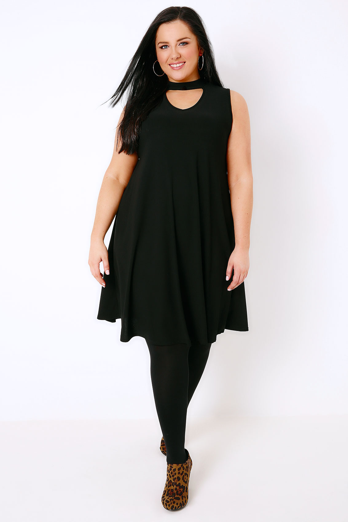 Black Sleeveless Swing Dress With Choker Neckline, Plus Size 16 to 36