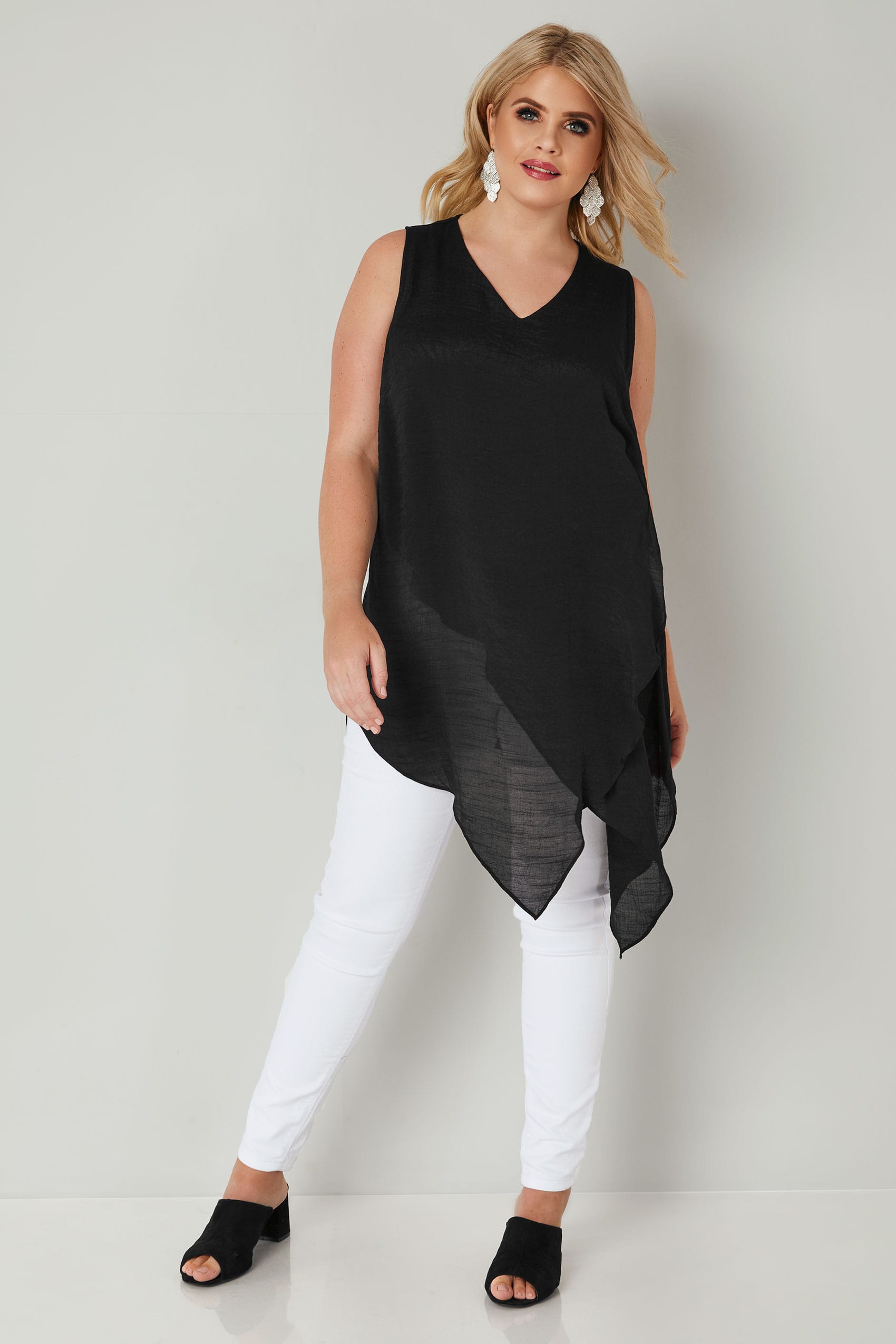 Black Sleeveless Layered Top With Asymmetric Front, Plus size 16 to 36