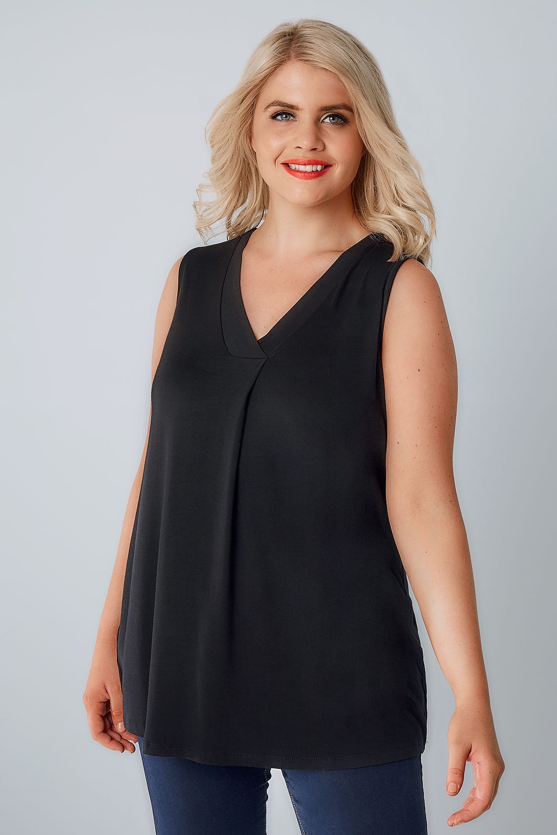 Black Sleeveless V-Neck Jersey Top, Plus size 16 to 36