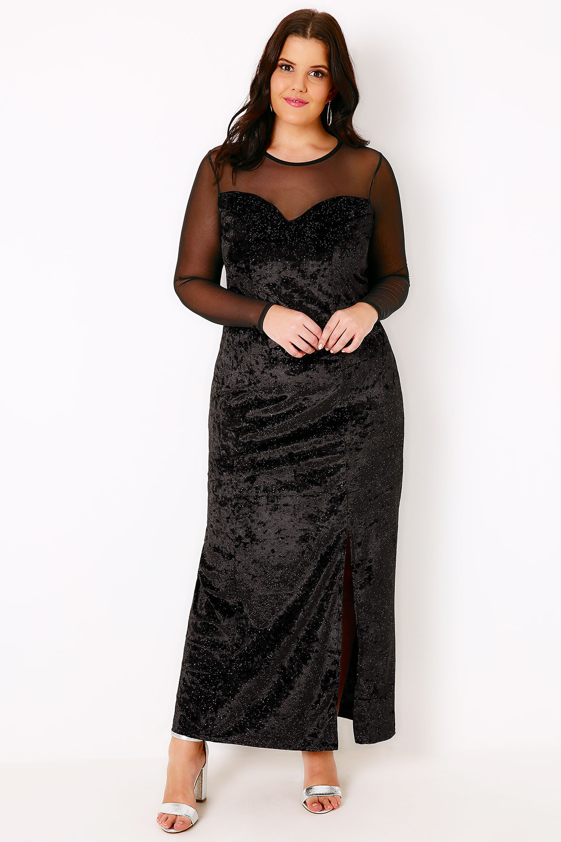 Black Sparkle Velour Maxi Dress With Mesh Sweetheart Neckline Plus Size 16 To 32