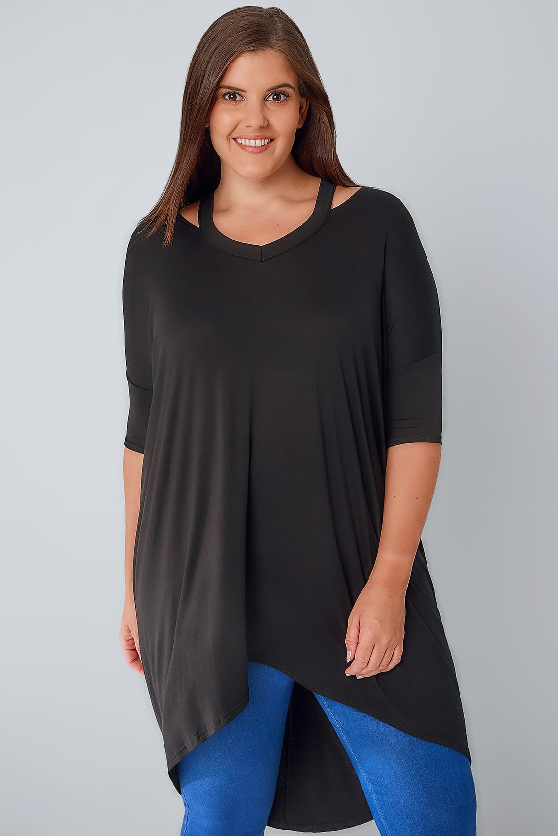 Black Split Neck Top With Extreme Dipped Hem, Plus size 16 to 36