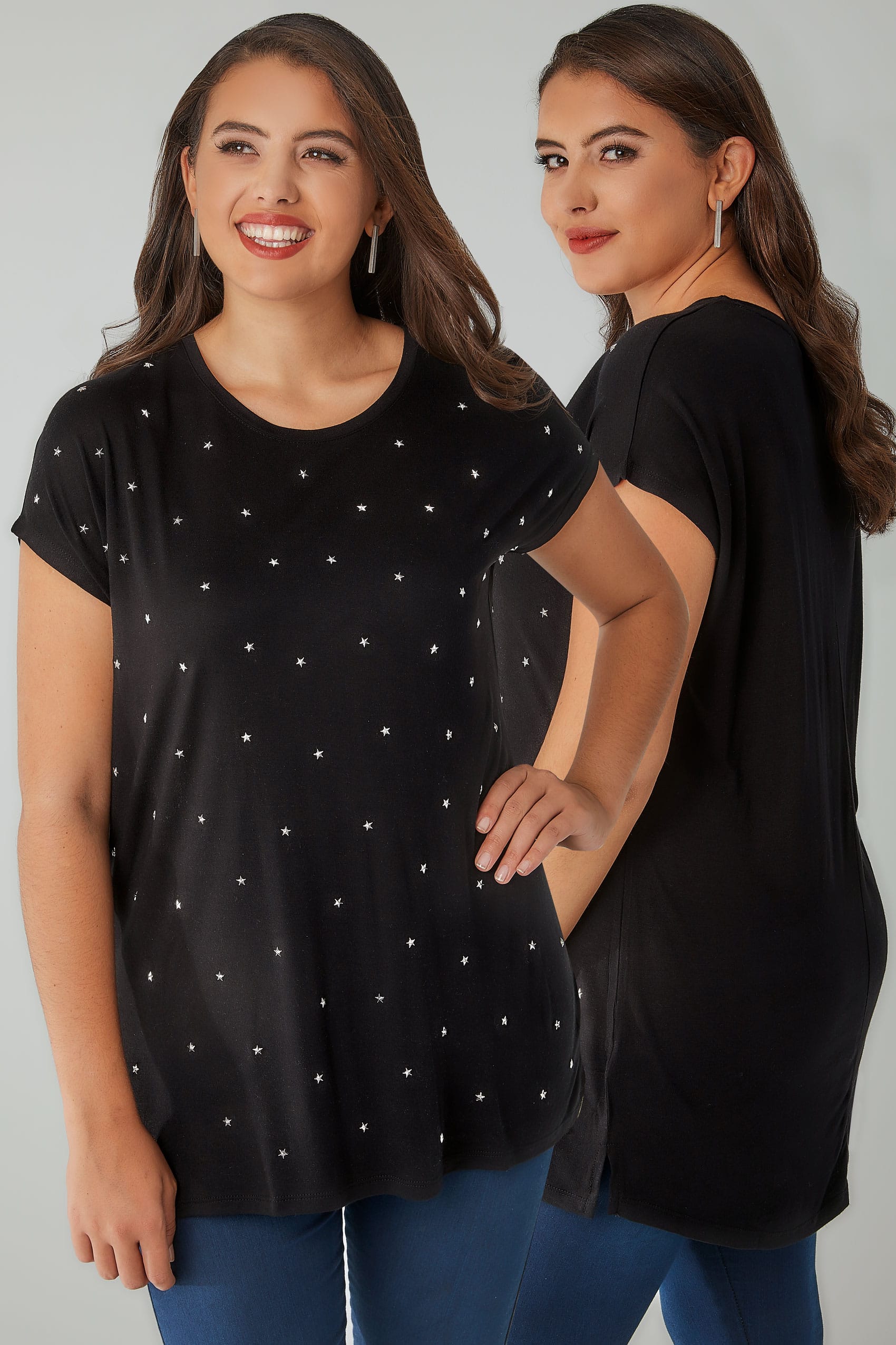 new directions studded neckline curved hem to