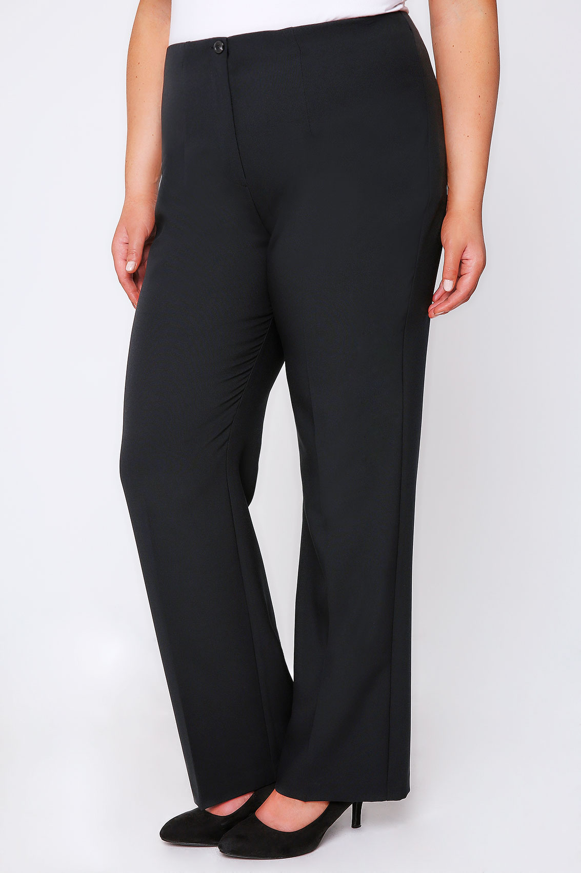Black Straight Leg Trousers With Elasticated Waist & Invisible Zip plus ...