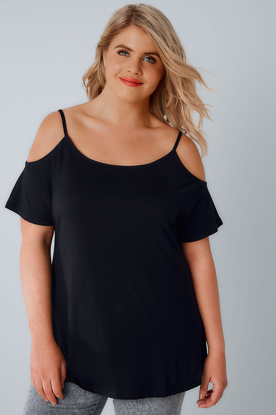 Black Strappy Cold Shoulder Jersey Top plus size 16 to 36