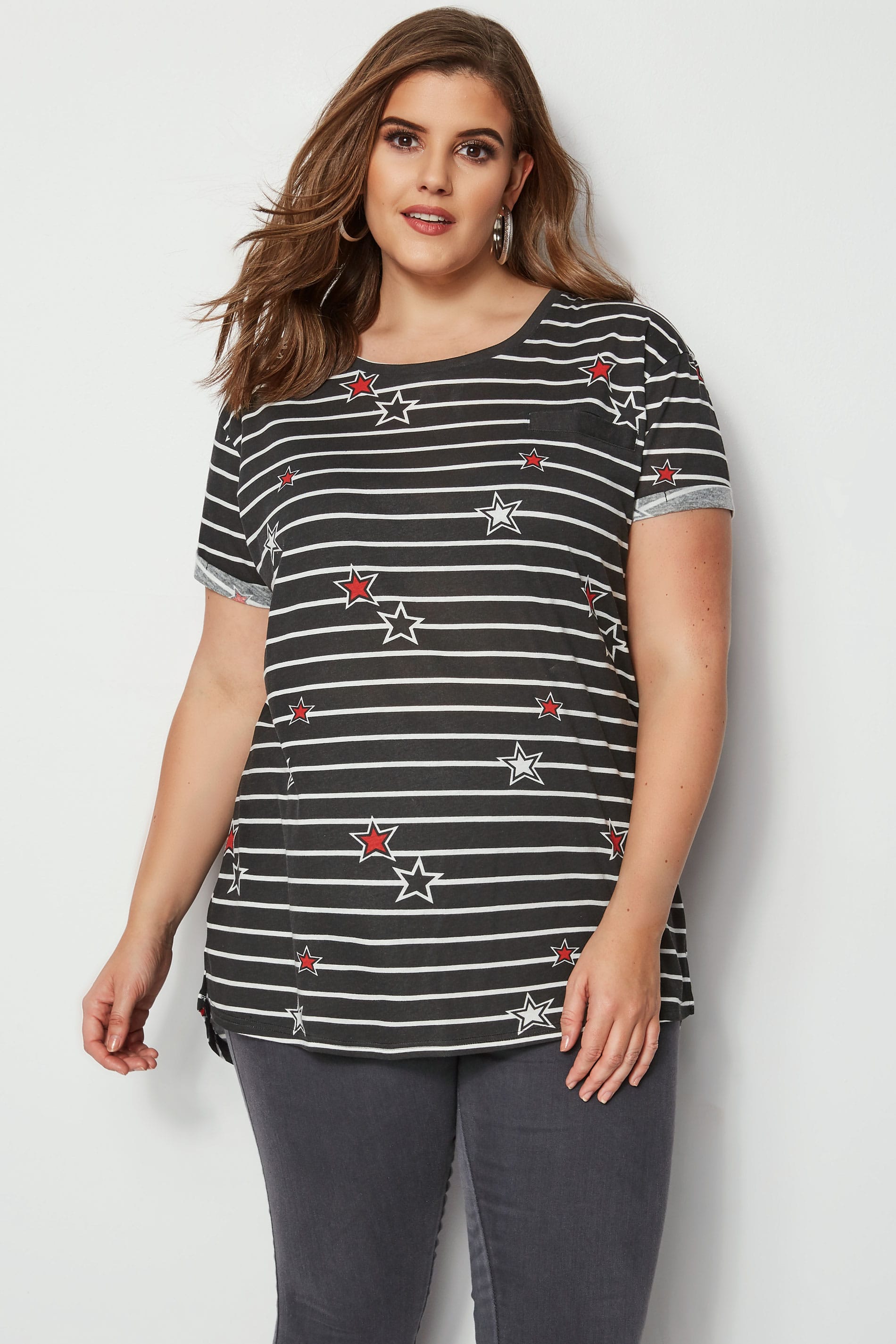 Download Black Stripe Star Mock Pocket T-Shirt, Plus size 16 to 36