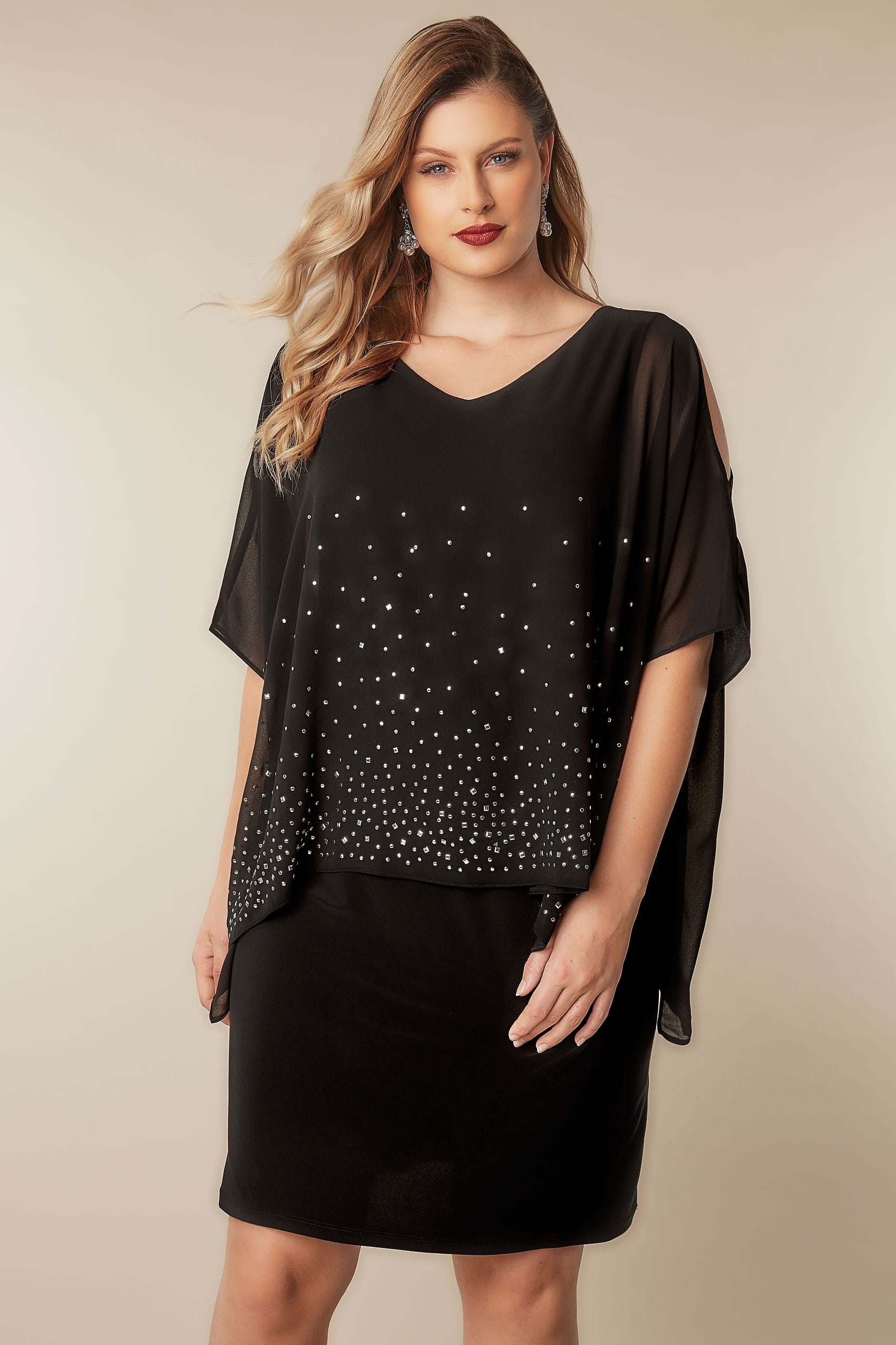 Black Studded Layered Cape Dress, Plus size 16 to 36