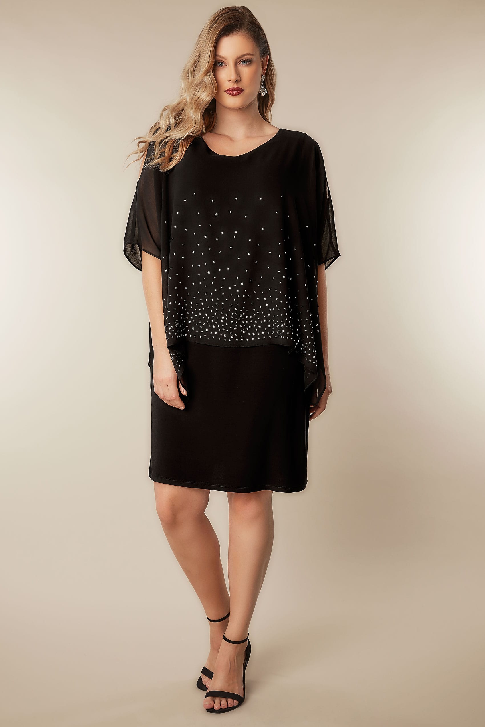 Black Studded Layered Cape Dress, Plus size 16 to 36