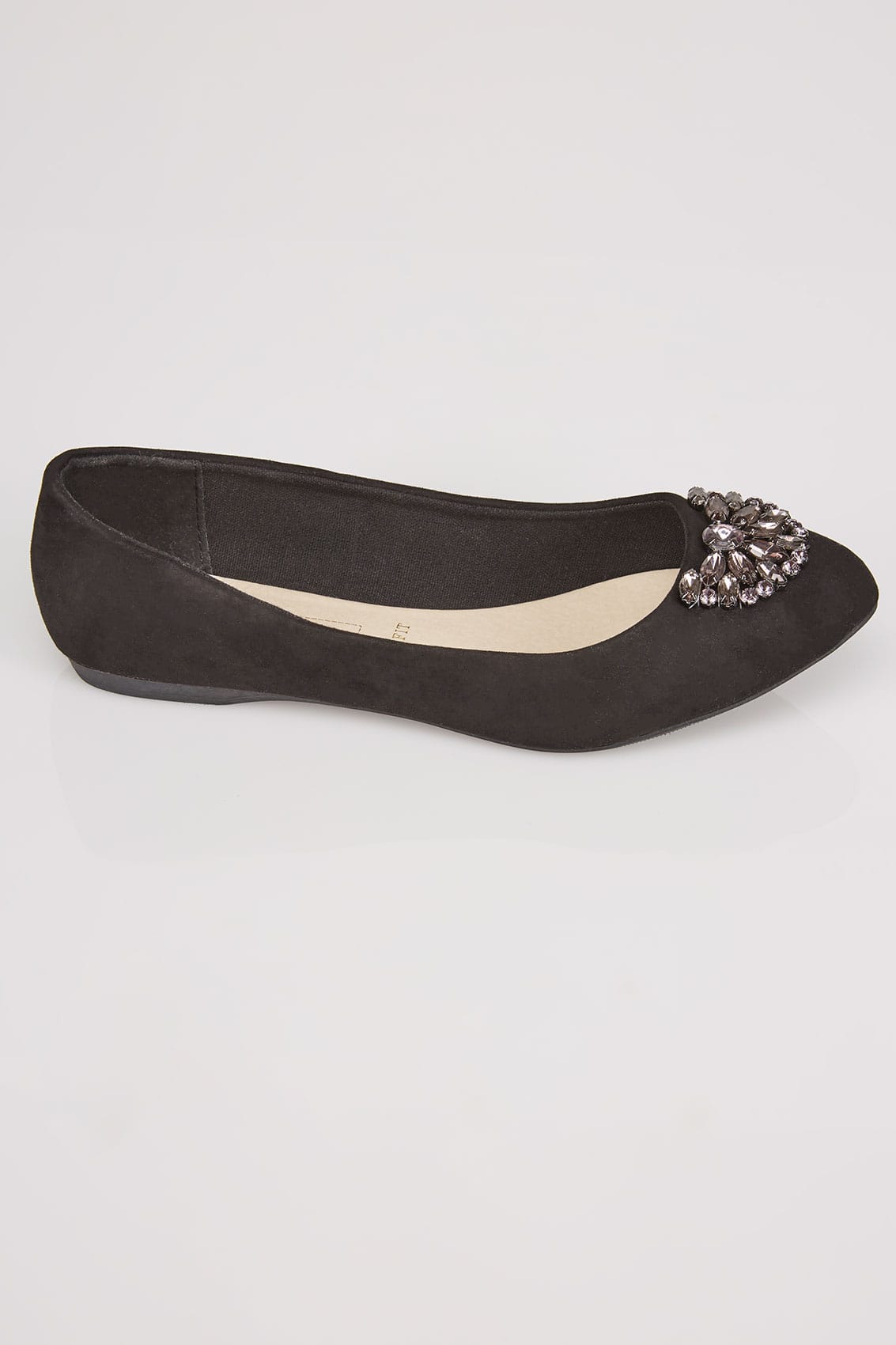 Black Suedette Ballerina Pumps With Jewel Detail In E Fit