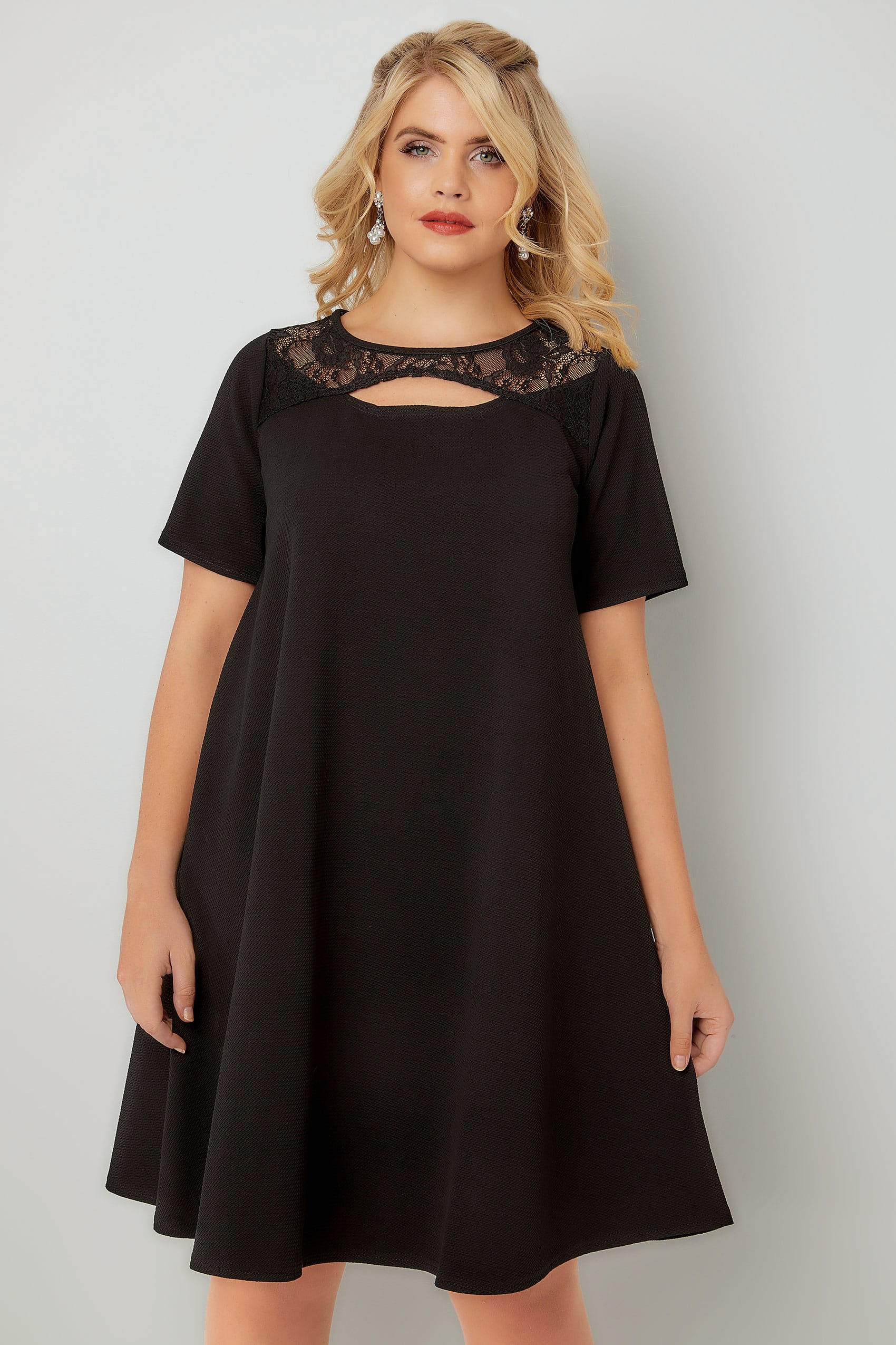 Black Swing Dress With Cut Out Neckline & Lace Panel Plus Size 16 to 36