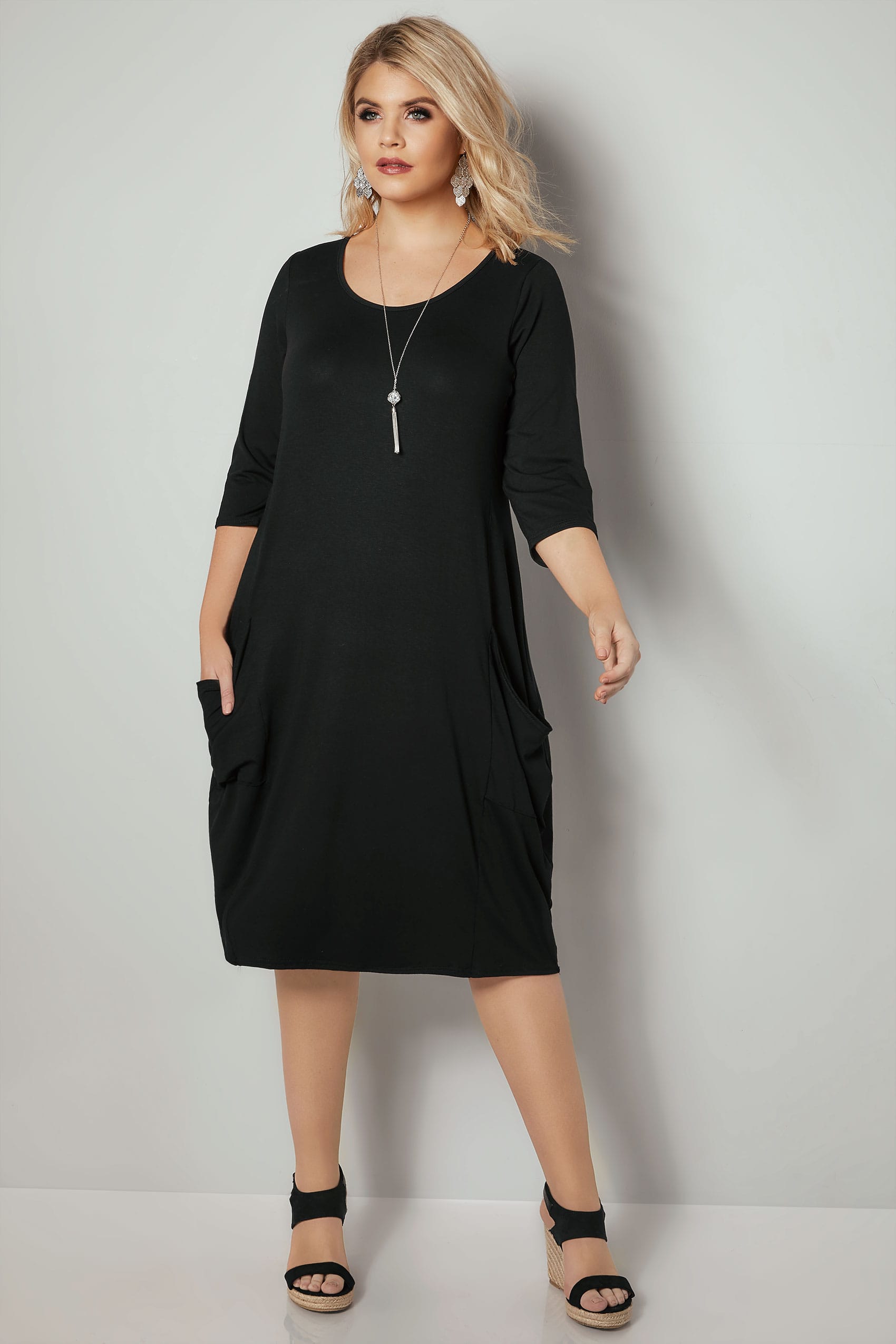 Black Drape Pocket Jersey Dress With 34 Sleeves, Plus -6845