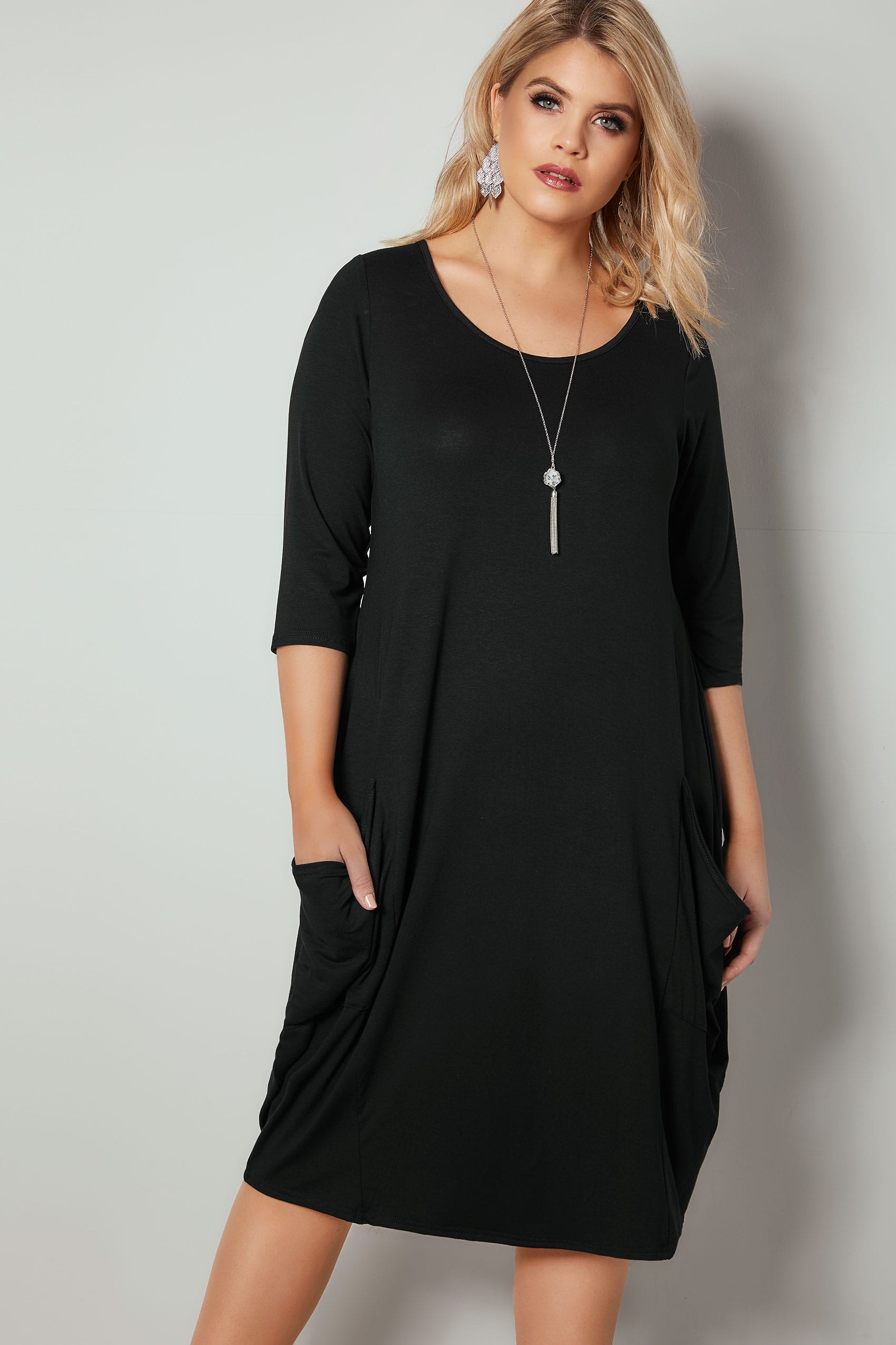 Black Drape Pocket Jersey Dress With 34 Sleeves, Plus -3973