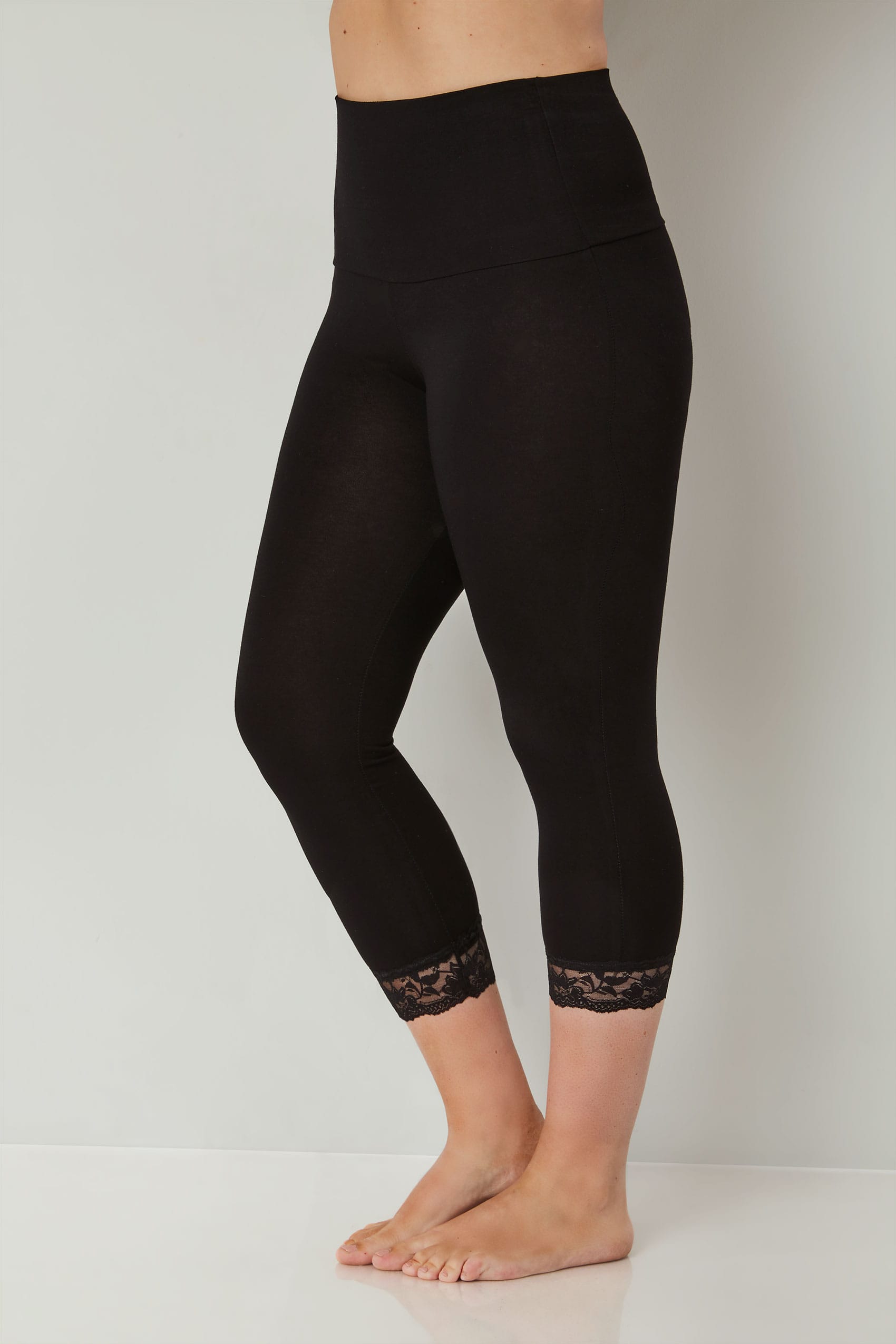Black TUMMY CONTROL Soft Touch Cropped Leggings With Lace Trim, Plus ...