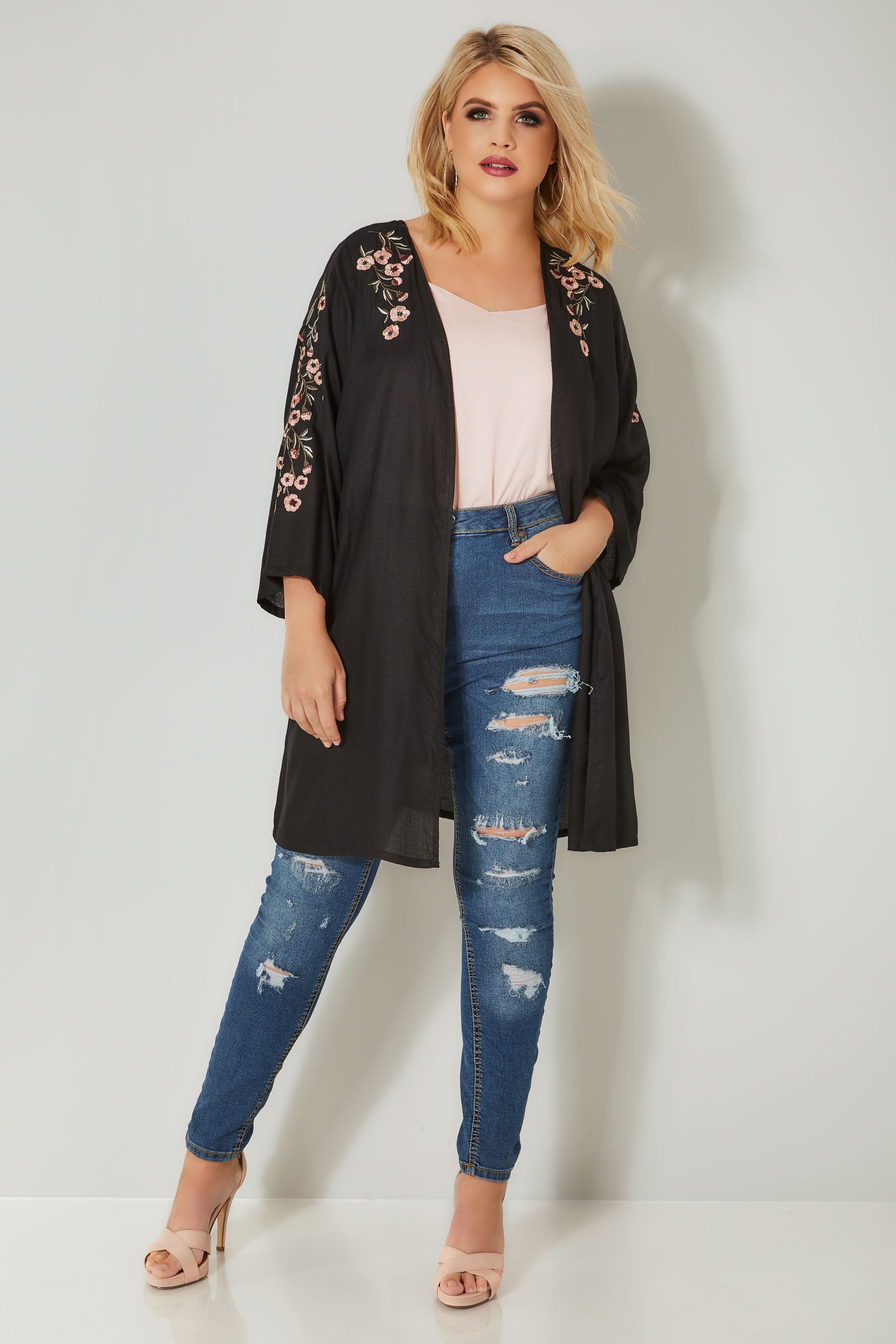 Black Textured Floral Embroidered Kimono, plus size 16 to 36