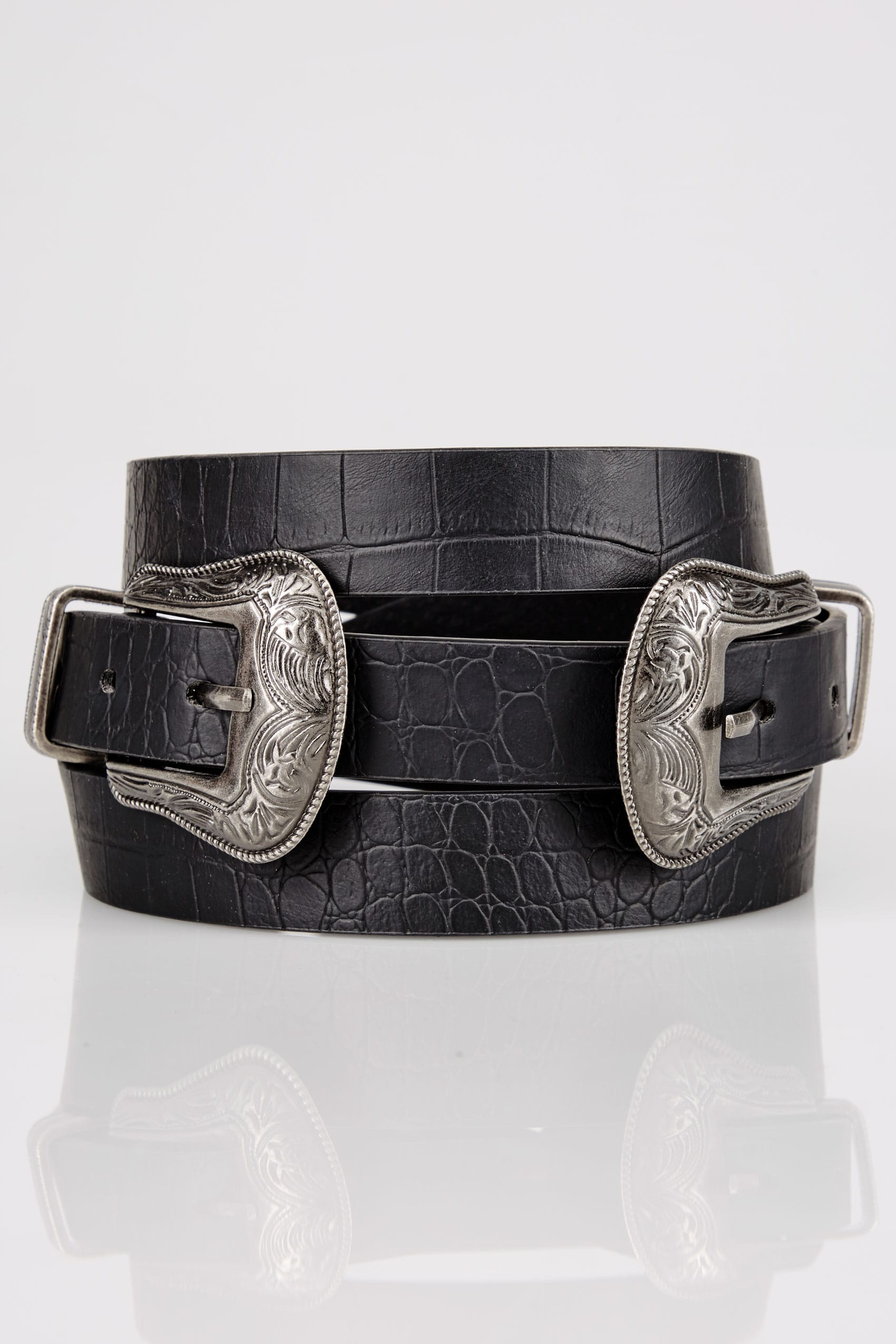 Black Textured PU Belt With Double Western Style Buckles, Plus size 16 ...
