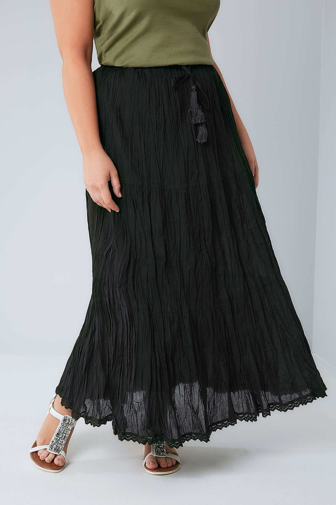 Black Tiered Crinkle Maxi Skirt Plus Size 16 To 36