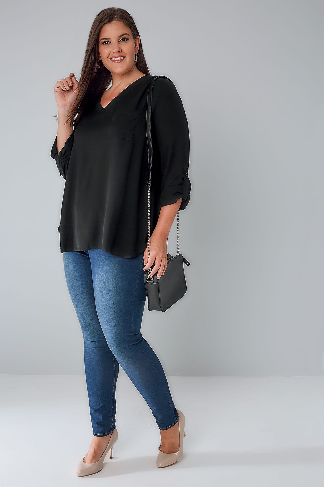Black V-Neck Blouse With Roll Up Sleeves & Pocket Detail, Plus Size 16 ...