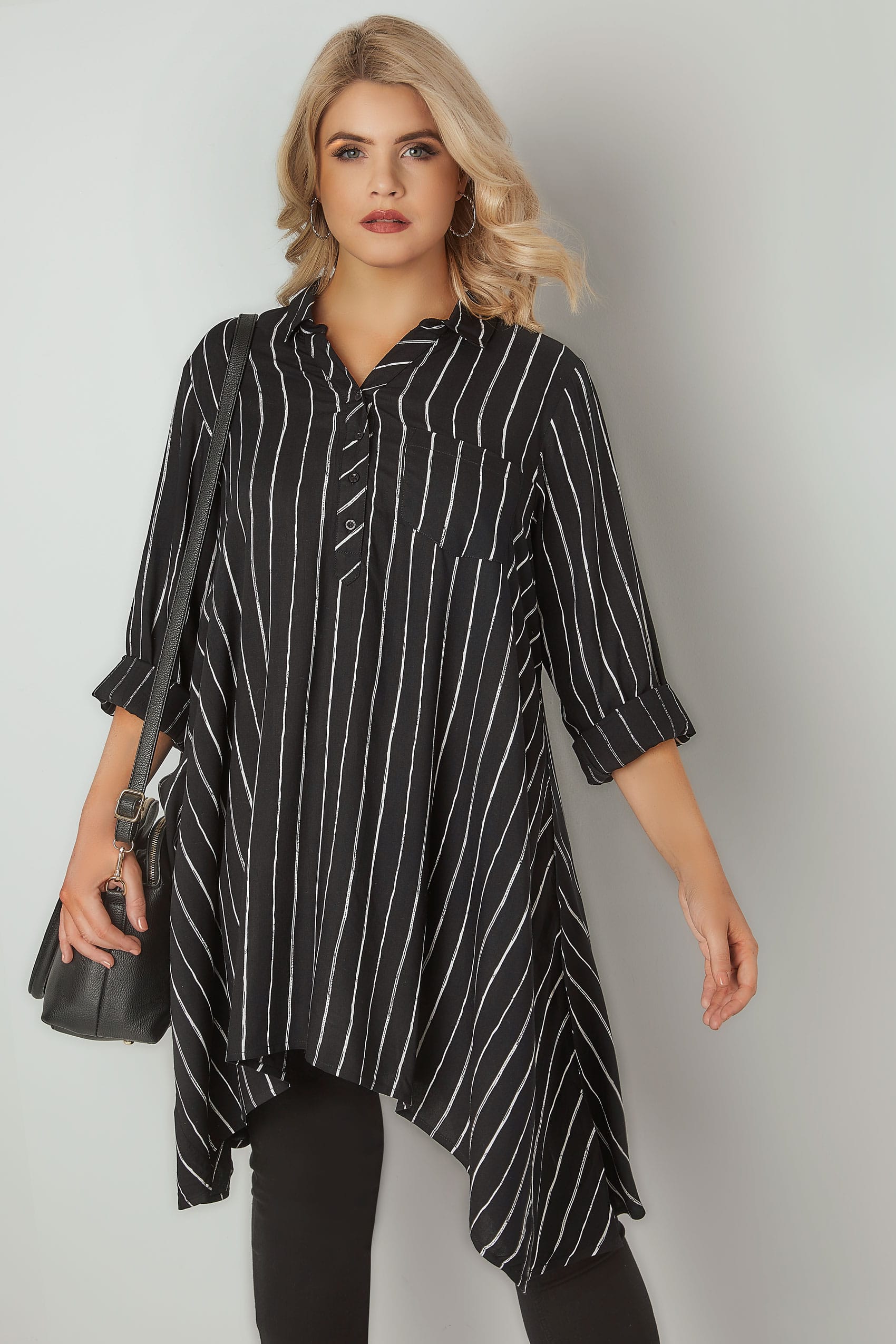 Black & White Asymmetric Stripe Shirt, Plus size 16 to 36