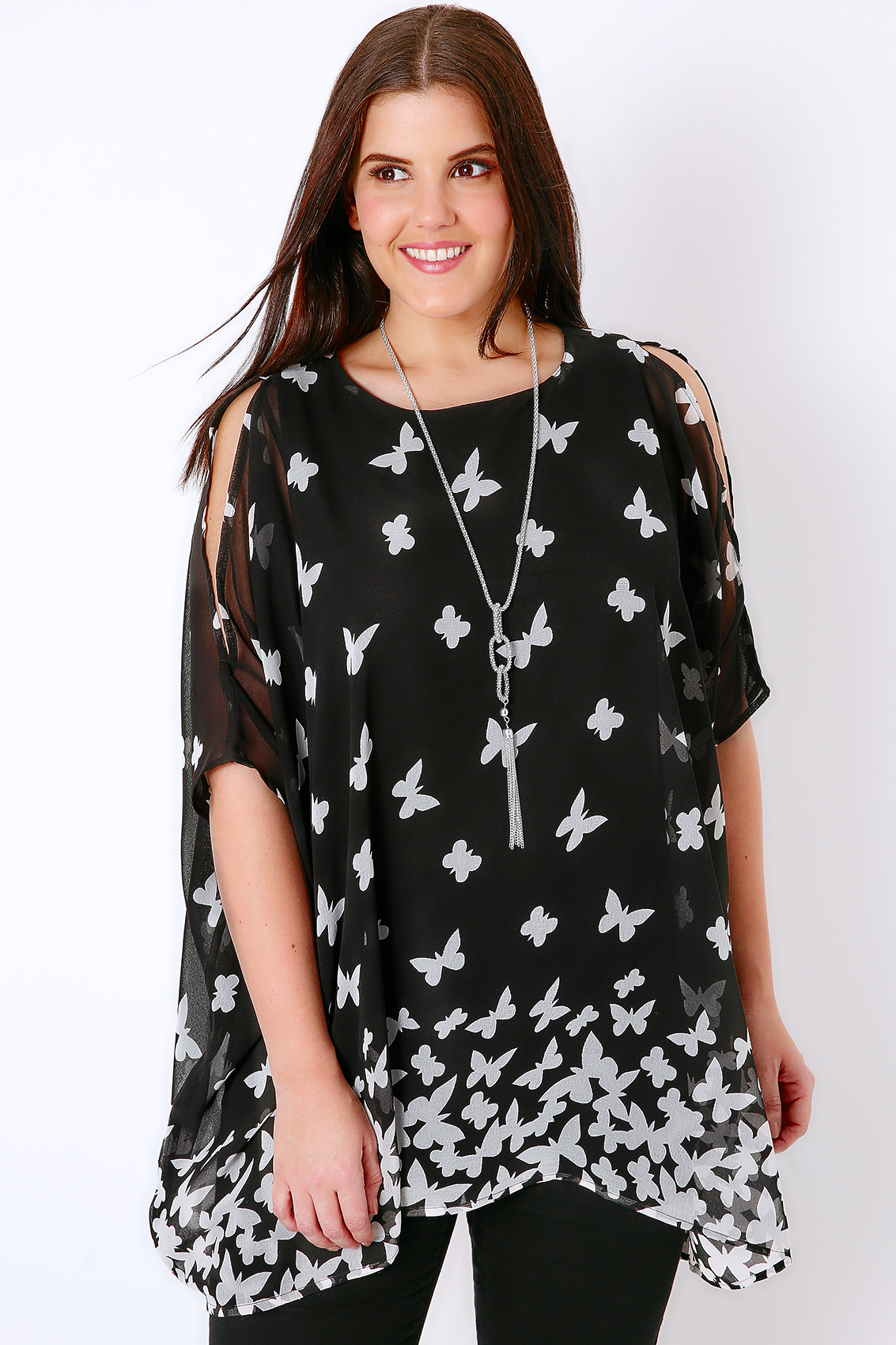 Black & White Butterfly Print Chiffon Cold Shoulder Top With Necklace ...