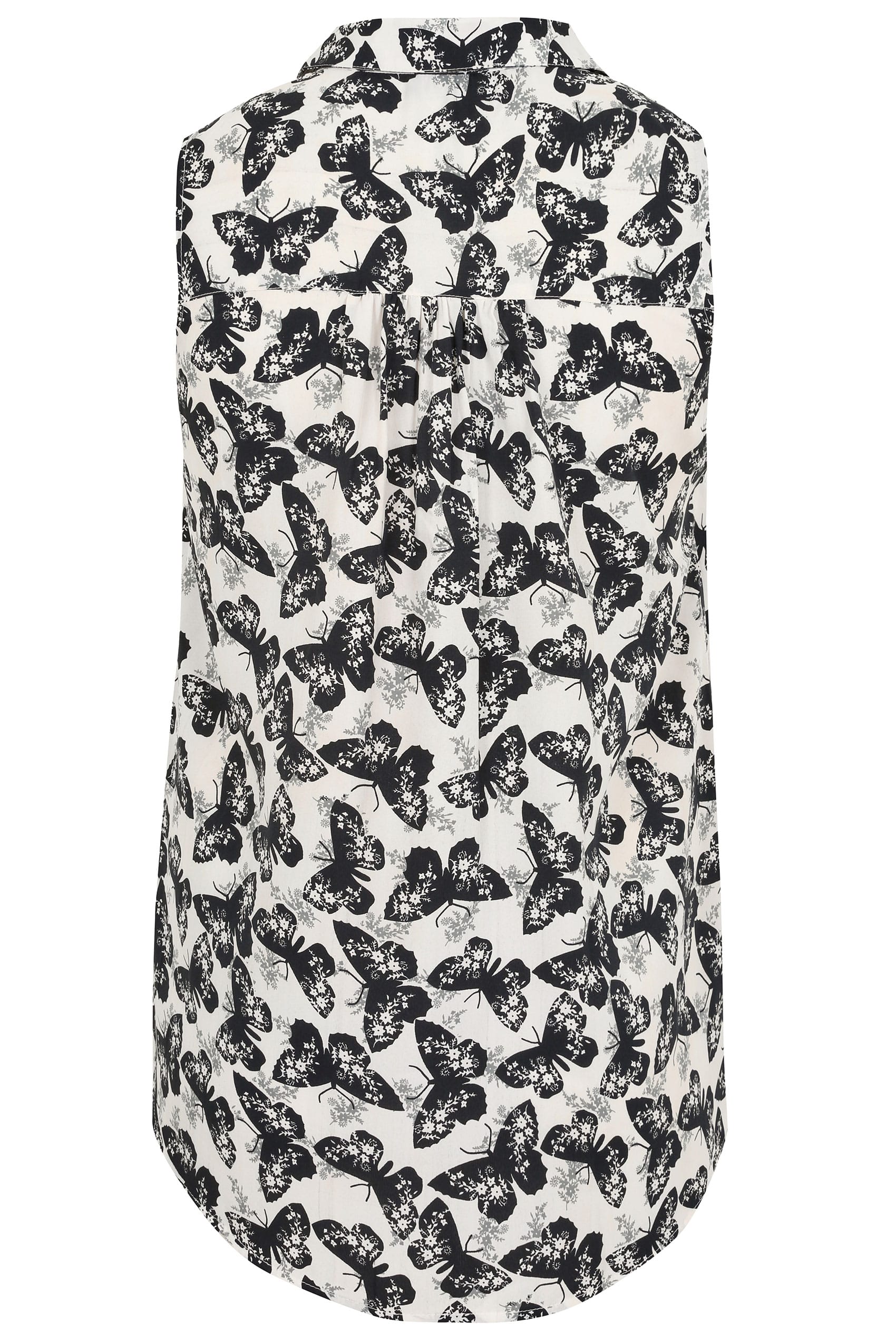 Black & White Butterfly Print Longline Sleeveless Shirt, Plus size 16 to 32