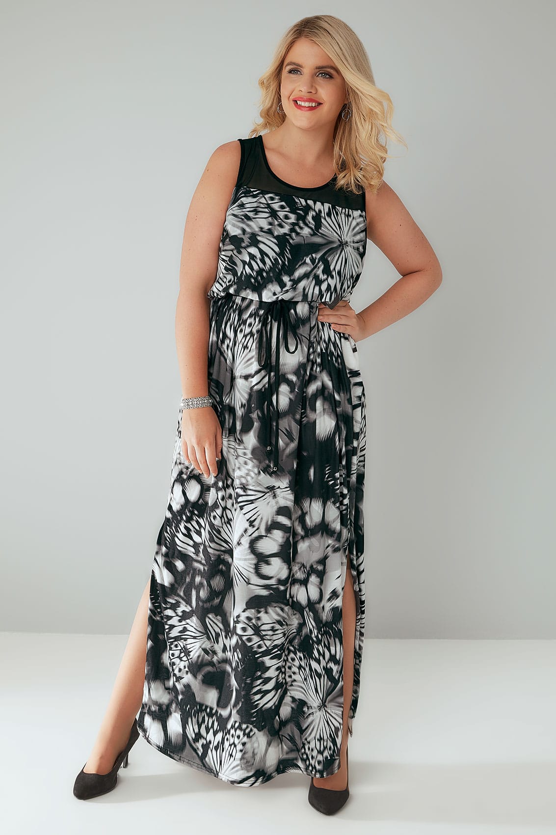 Black & White Butterfly Print Maxi Dress With Mesh Shoulder Panel Plus ...