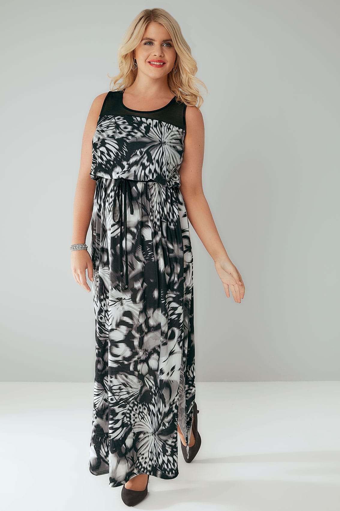 Black & White Butterfly Print Maxi Dress With Mesh Shoulder Panel Plus ...