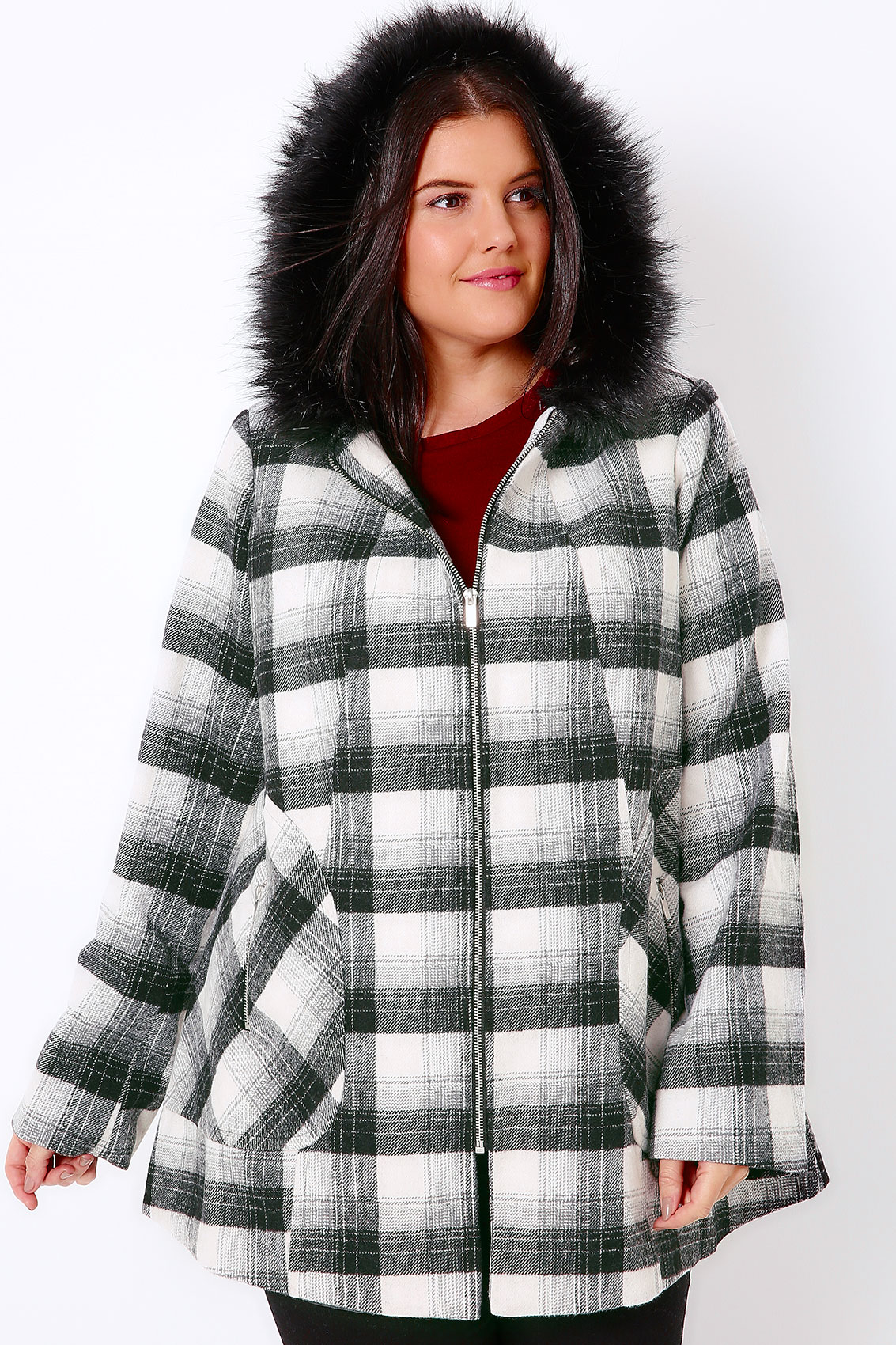 Black & White Check Swing Coat With Faux Fur Trim Hood, Plus Size 16 to 36