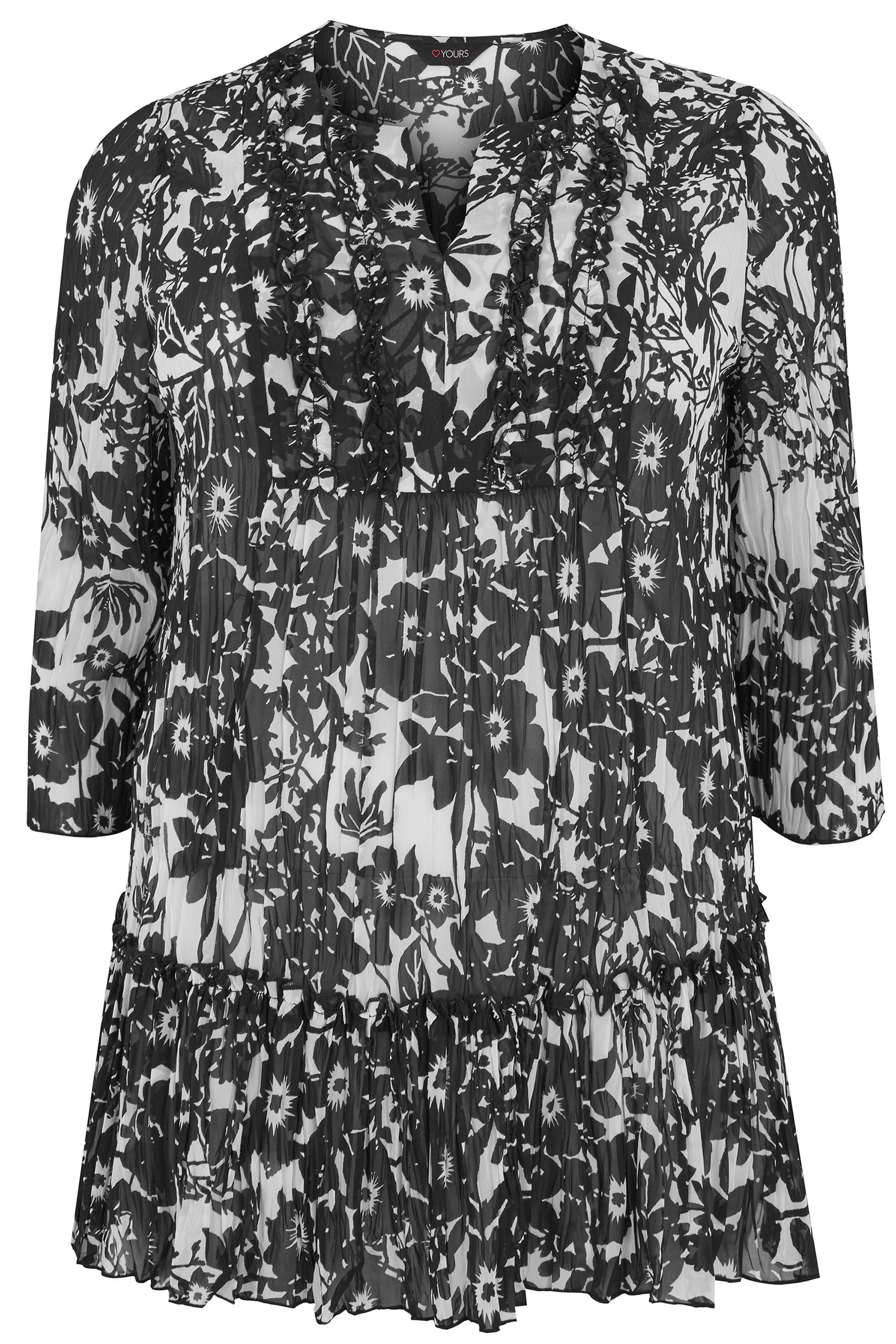 Black & White Floral Print Crinkled Blouse, plus size 16 to 36