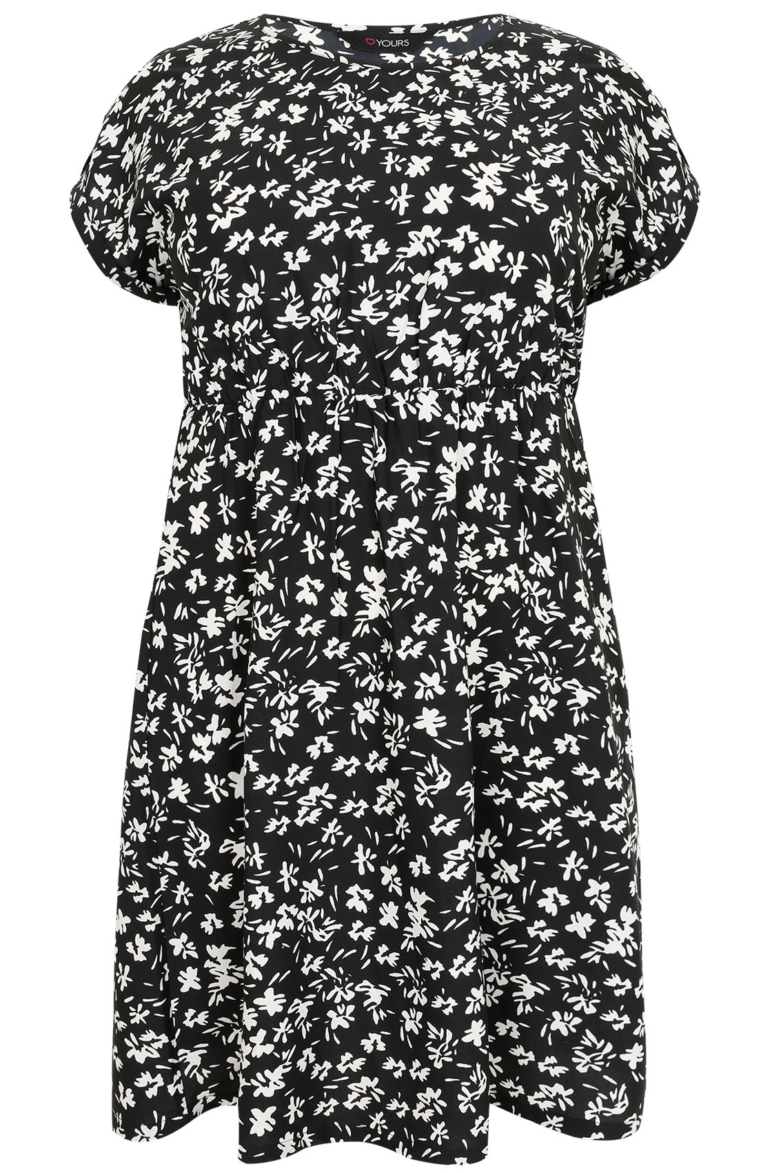 Black & White Floral Print Skater Dress With Short Turn-back Sleeves ...