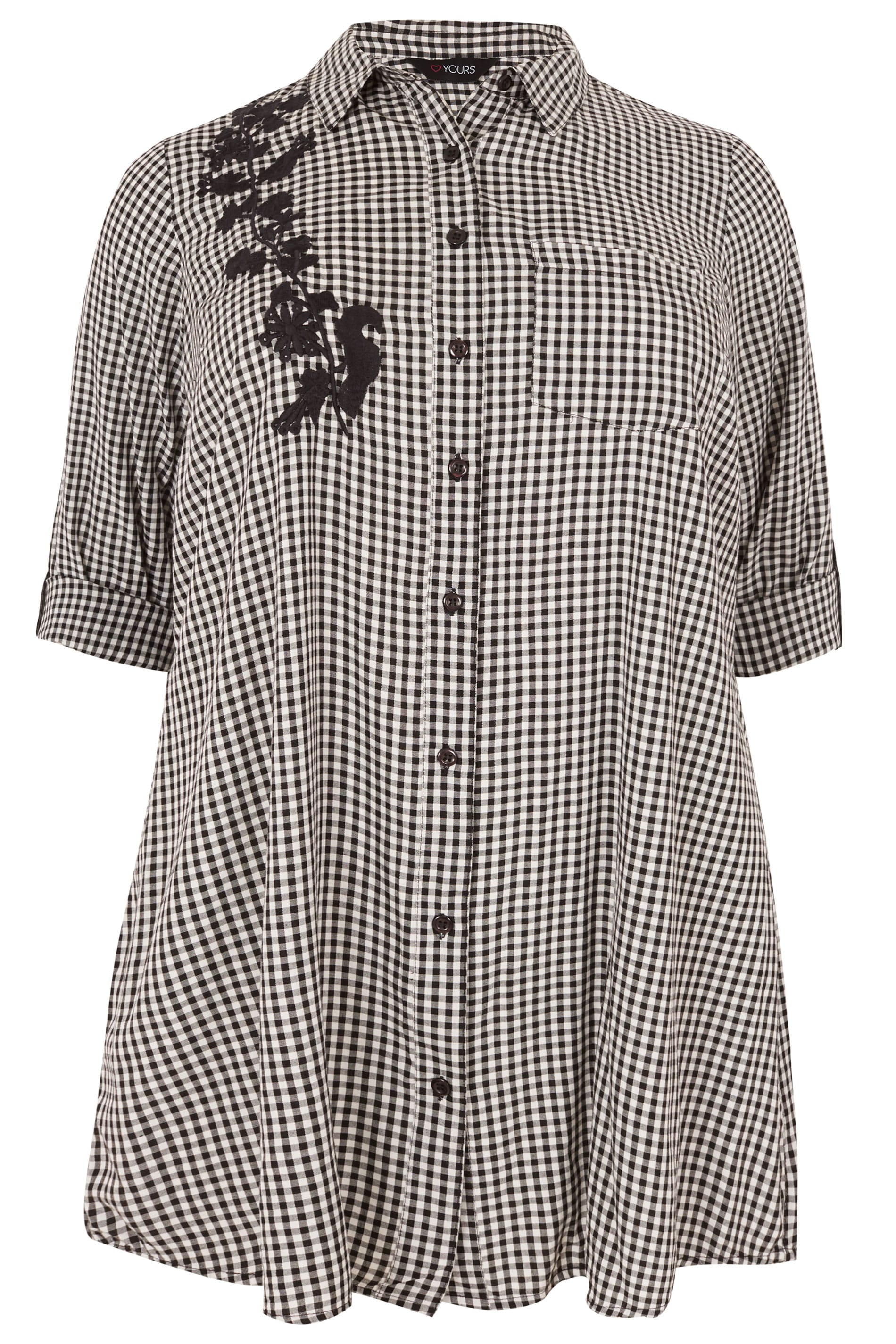 Black & White Gingham Boyfriend Shirt With Floral Embroidery, plus size ...