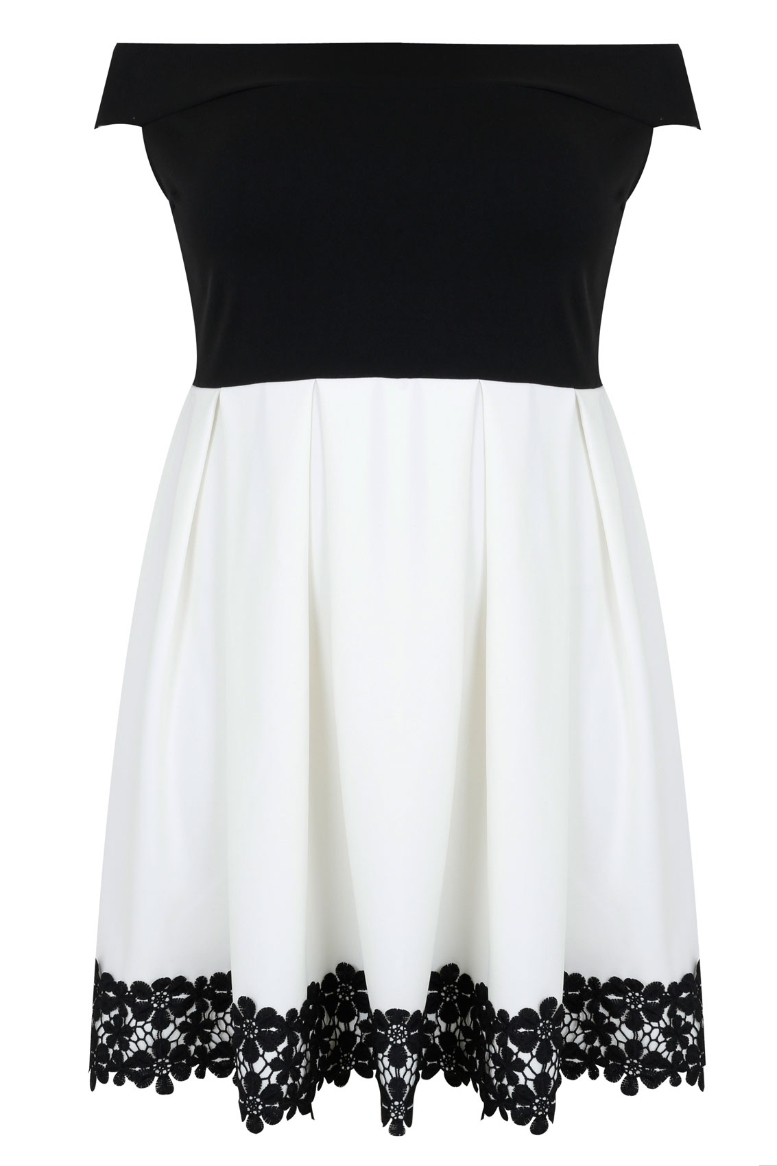 Black & White Lace Hem Bardot Skater Dress Plus size