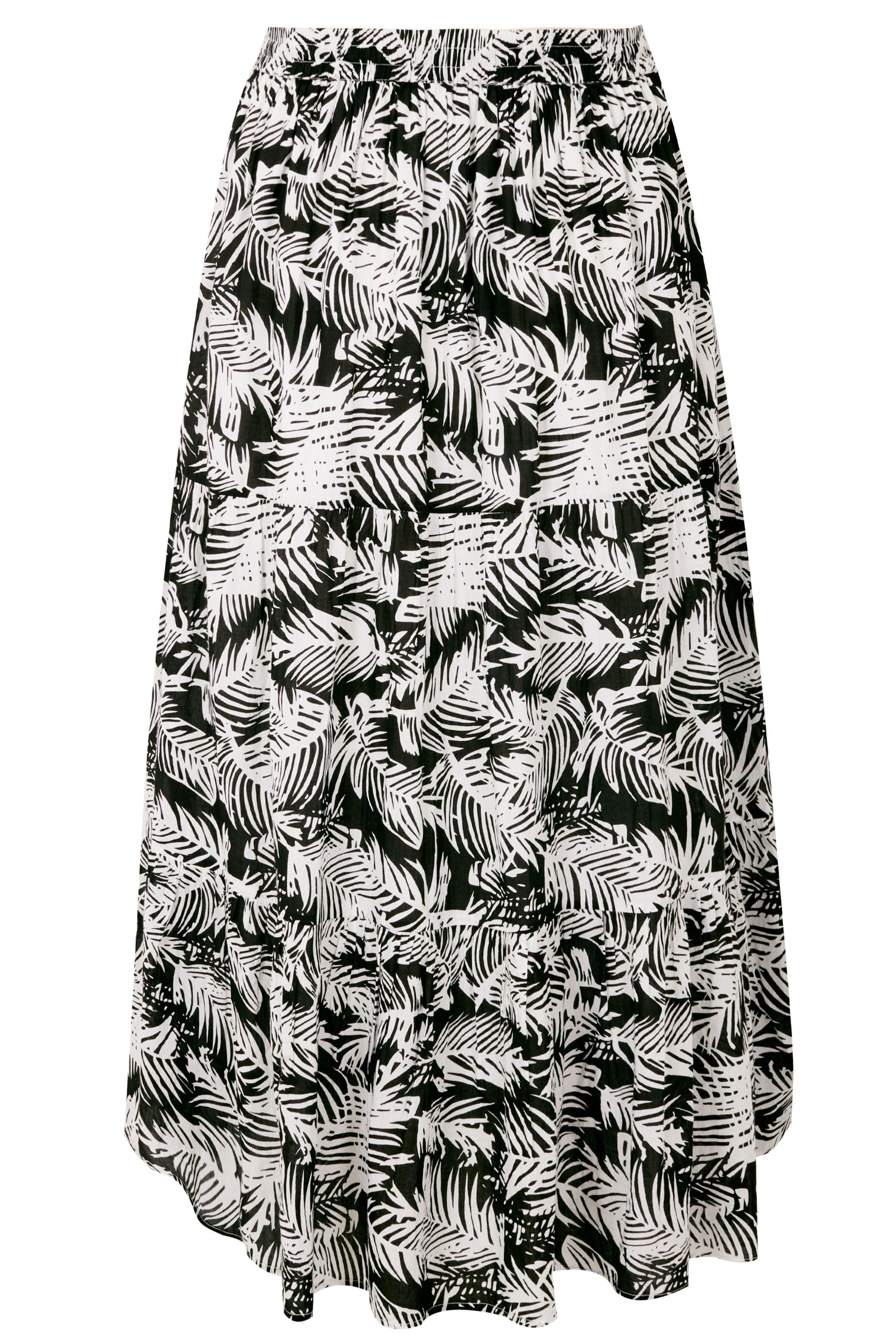 Black & White Leaf Print Tiered Maxi Skirt, plus size 16 to 36