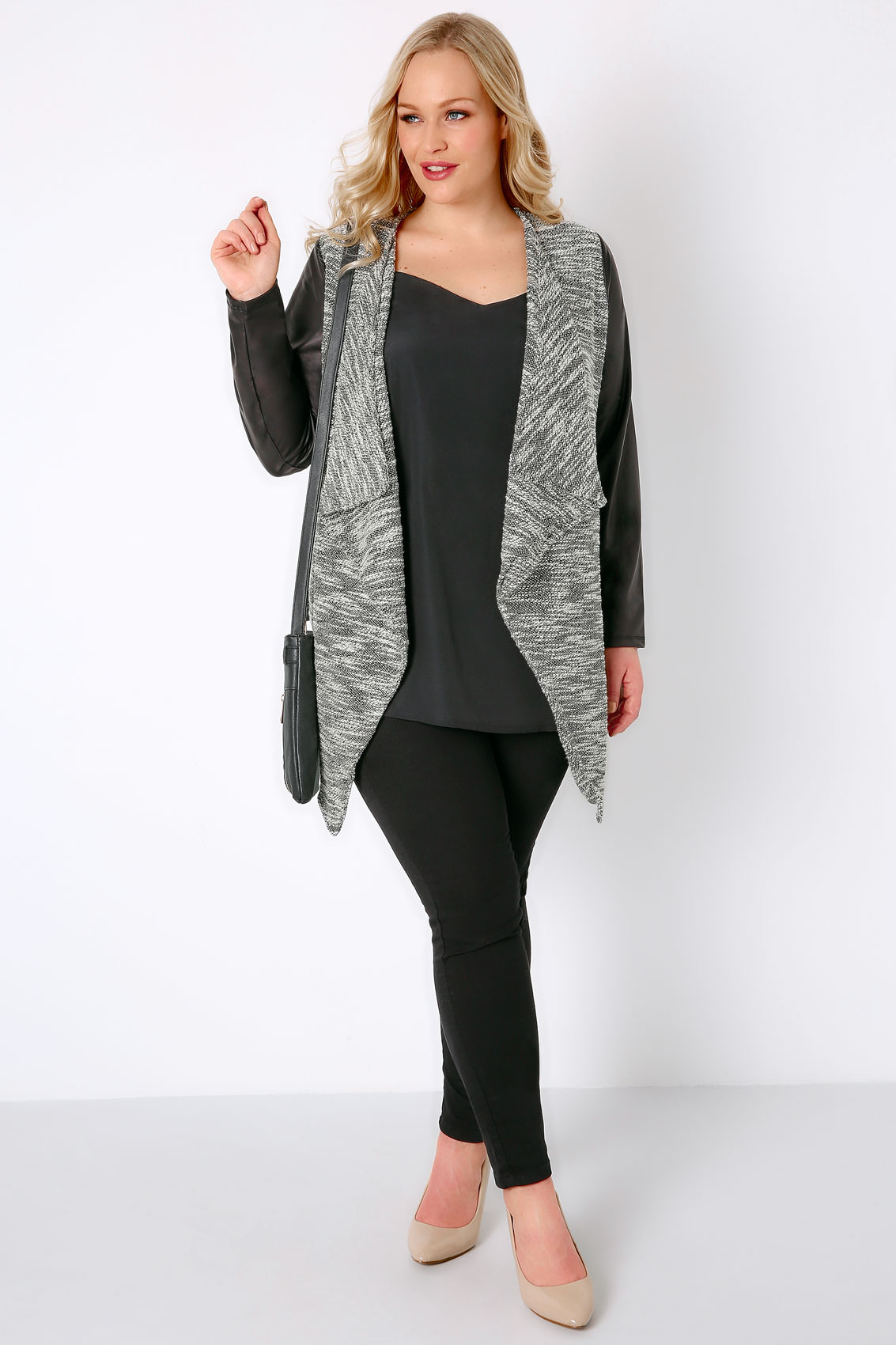Black & White Lightweight Textured Jacket With PU Sleeves Plus size 16