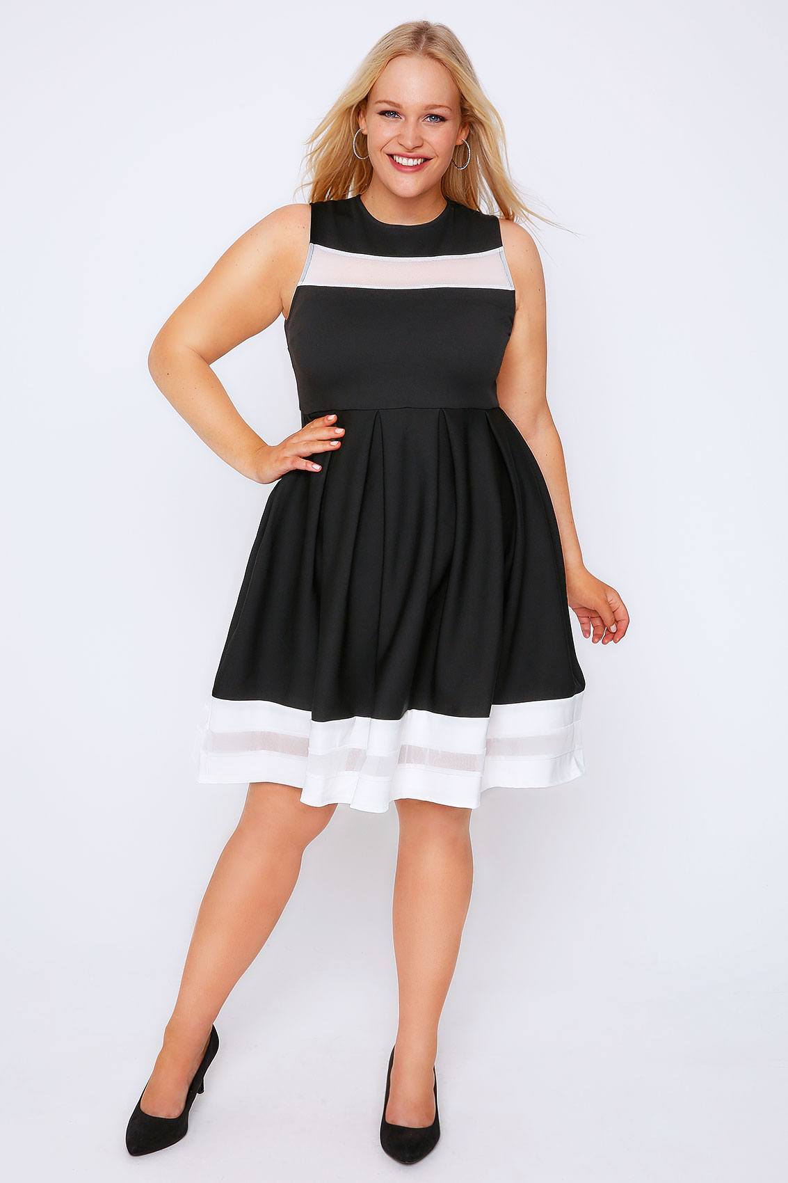 Black & White Mesh Stripe Skater Dress Plus Size 16 to 32
